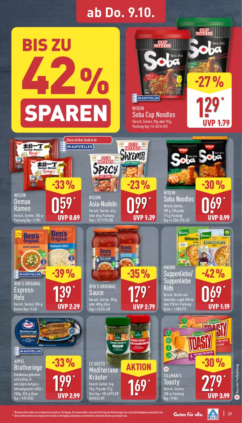 Aktueller Prospekt Aldi Nord - Von Montag - von 06.10 bis 11.10.2025 - strona 29 - produkty: aus der tiefkühlung, Ben’s Original, beutel, braten, Bratheringe, braun, eis, elle, gin, hering, knorr, kräuter, Nissin, nudel, nudeln, reis, ring, saft, sauce, suppe, suppen, teller, Ti, toast, toasty, ZTE