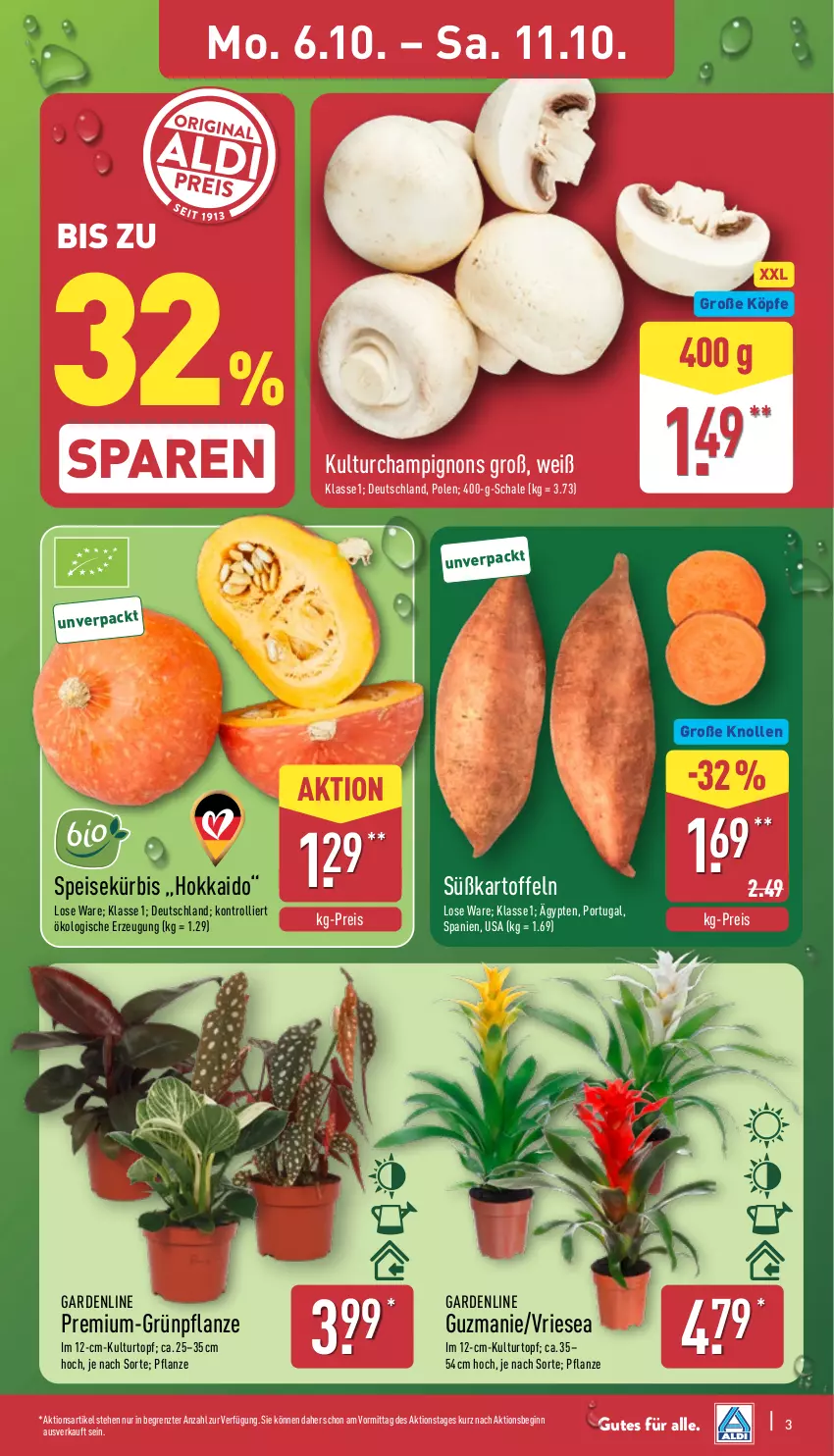 Aktueller Prospekt Aldi Nord - Von Montag - von 06.10 bis 11.10.2025 - strona 3 - produkty: Blüte, Brei, champignon, champignons, eis, gin, kartoffel, kartoffeln, kulturtopf, Kürbis, pflanze, reis, Schal, Schale, Süßkartoffeln, Ti, topf, trolli, ZTE