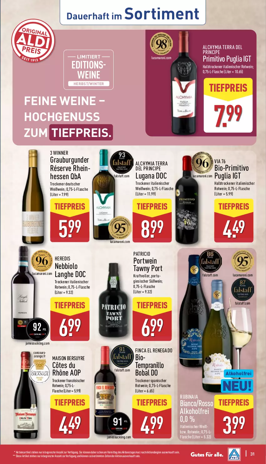 Aktueller Prospekt Aldi Nord - Von Montag - von 06.10 bis 11.10.2025 - strona 31 - produkty: alkohol, amaro, asti, auer, bio, burgunder, eis, flasche, gin, grauburgunder, kraft, mais, nuss, orange, Portwein, primitivo, reis, rotwein, Rubin, Tawny Port, Ti, tiefpreis, wein, weine, Weißwein, ZTE
