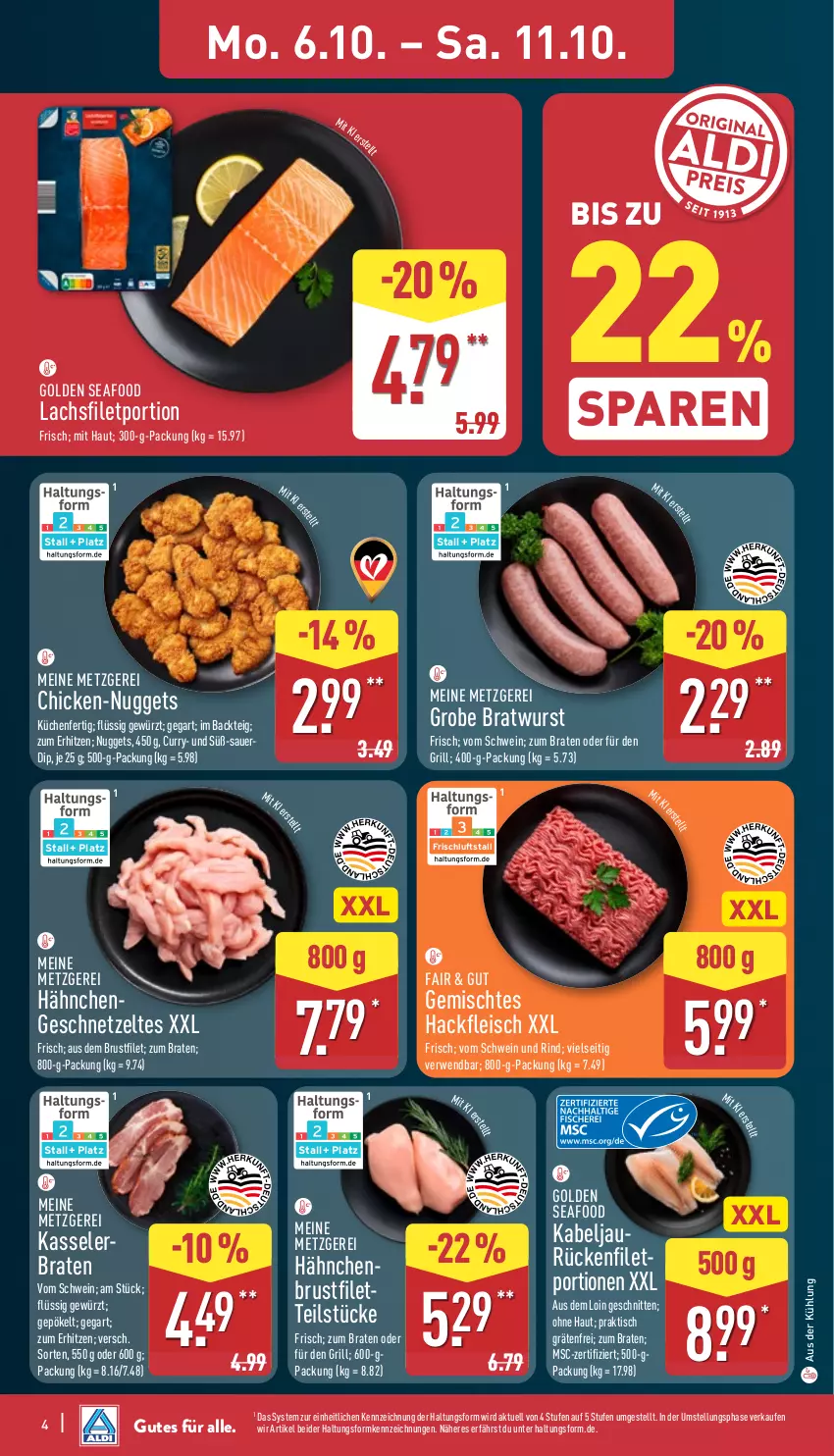 Aktueller Prospekt Aldi Nord - Von Montag - von 06.10 bis 11.10.2025 - strona 4 - produkty: auer, bio, braten, bratwurst, curry, dip, eis, filet, fleisch, gewürz, grill, grobe bratwurst, hackfleisch, kasseler, Kasselerbraten, küche, Küchen, lachs, lachsfilet, nuggets, rind, rwe, schnitten, schwein, schwein und rind, Ti, tisch, vom schwein und rind, wein, wurst, Zelt