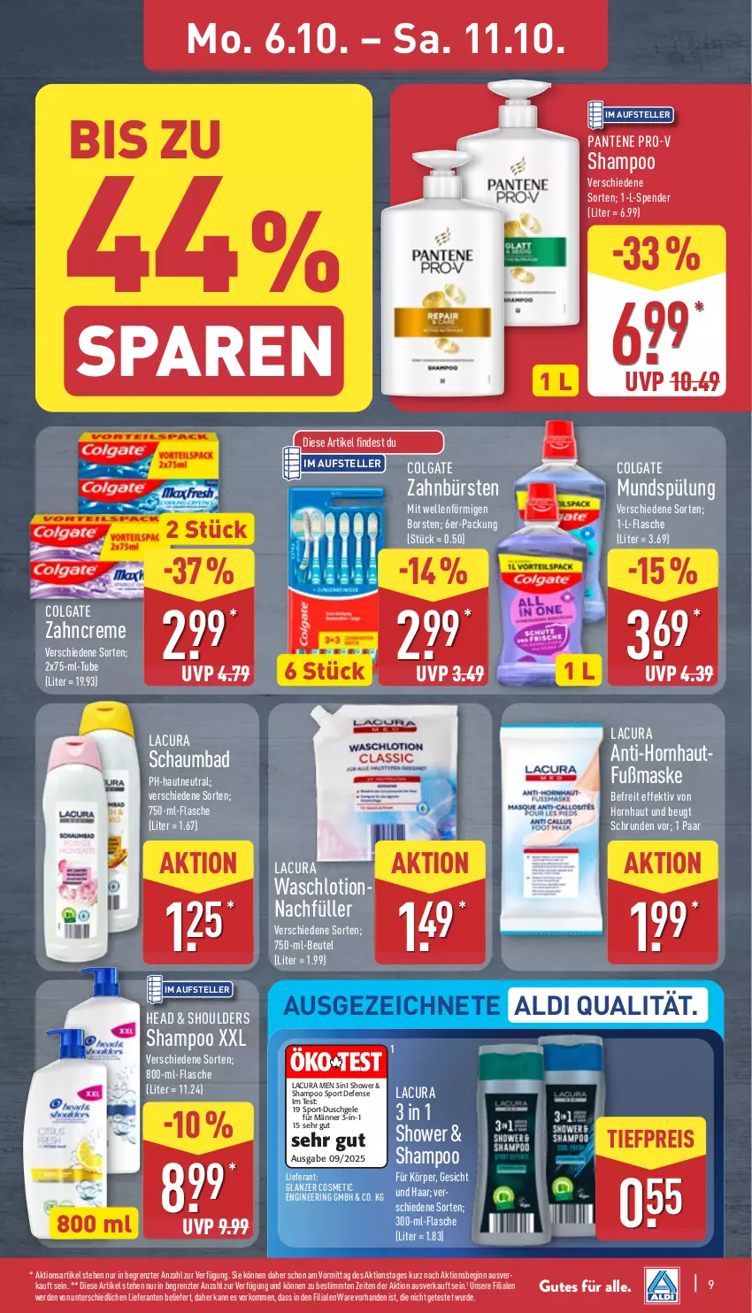 Aktueller Prospekt Aldi Nord - Von Montag - von 06.10 bis 11.10.2025 - strona 9 - produkty: aldi, Bad, beutel, bürste, bürsten, colgate, creme, duschgel, eis, elle, erde, flasche, gin, LG, Lotion, Maske, mundspülung, pantene, pantene pro-v, pro-v, reis, ring, shampoo, Sport, spülung, teller, Ti, tiefpreis, zahnbürste, zahnbürsten, zahncreme, ZTE