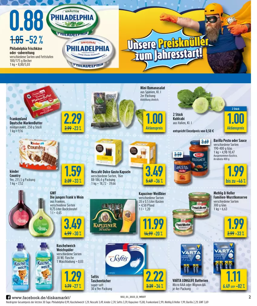 Aktueller Prospekt Diska - Prospekte - von 02.01 bis 07.01.2023 - strona 2 - produkty: aktionspreis, barilla, basilico, batterie, batterien, Becher, beutel, bier, butter, dolce gusto, eis, elle, flasche, frischkäse, Käse, Kinder, kohlrabi, Kuschelweich, longlife, markenbutter, mehl, nescafe, pesto, philadelphia, reis, Romanasalat, salat, sauce, Tasche, taschen, taschentücher, Ti, tücher, varta, weichspüler, wein, wurst, ZTE