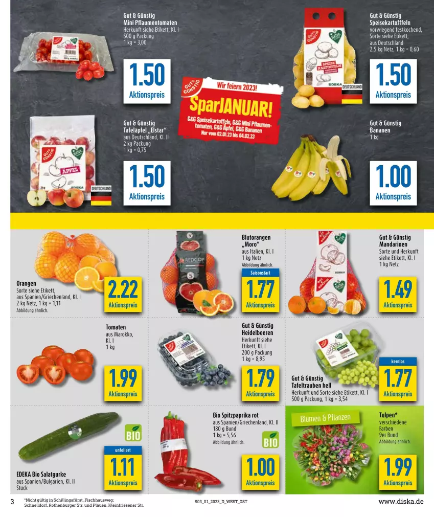 Aktueller Prospekt Diska - Prospekte - von 02.01 bis 07.01.2023 - strona 3 - produkty: aktionspreis, beere, beeren, bio, Blutorange, burger, deka, edeka bio, eis, fisch, gurke, heidelbeere, heidelbeeren, LG, mandarine, mandarinen, orange, orangen, paprika, paprika rot, pflaume, pflaumen, reis, salat, Salatgurke, Spitzpaprika, tafeltrauben, Ti, tomate, tomaten, trauben