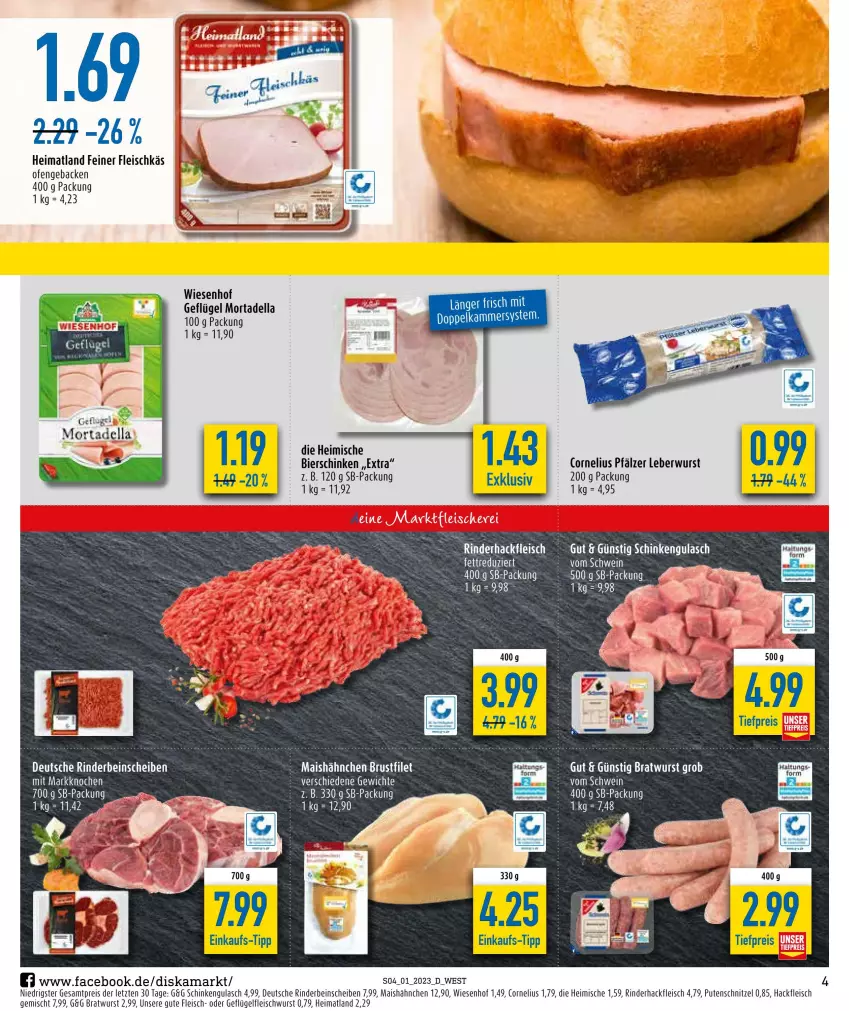 Aktueller Prospekt Diska - Prospekte - von 02.01 bis 07.01.2023 - strona 4 - produkty: bier, bierschinken, bratwurst, brustfilet, dell, eis, filet, fleisch, fleischwurst, geback, Geflügel, gulasch, hackfleisch, leberwurst, mais, mortadella, Ofen, pute, putenschnitzel, reis, rind, rinder, rinderhackfleisch, schinken, schnitzel, schwein, tee, Ti, wein, wiesenhof, wurst, ZTE