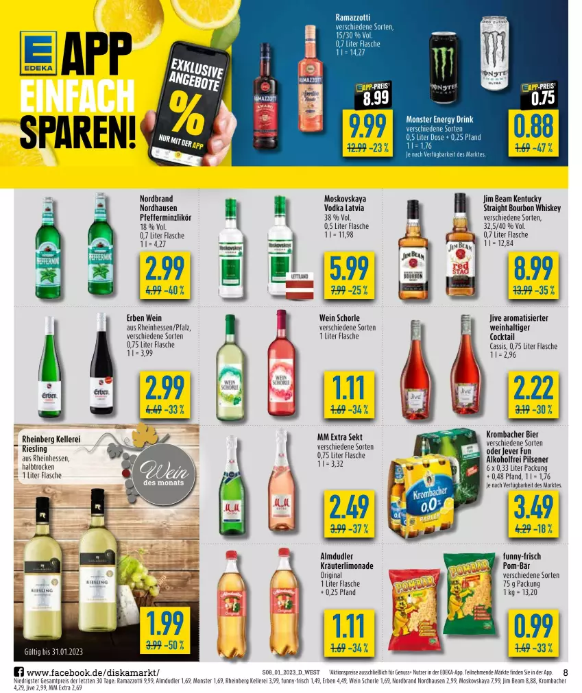 Aktueller Prospekt Diska - Prospekte - von 02.01 bis 07.01.2023 - strona 8 - produkty: acer, aktionspreis, alkohol, almdudler, bourbon, bourbon whiskey, cocktail, deka, drink, eis, elle, energy drink, flasche, funny-frisch, gin, jever, jim beam, kräuter, krombache, krombacher, likör, limo, limonade, mac, mm extra, monster, Monster Energy, moskovskaya, nordbrand, nuss, pfeffer, pfefferminzlikör, pils, pilsener, pom-bär, rama, ramazzott, ramazzotti, reis, riesling, schorle, sekt, Ti, tuc, vodka, wein, whiskey, zott, ZTE