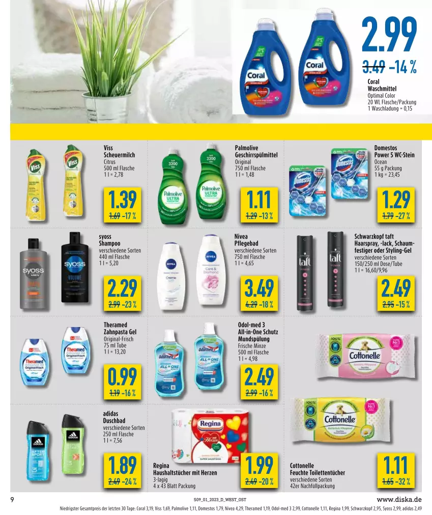 Aktueller Prospekt Diska - Prospekte - von 02.01 bis 07.01.2023 - strona 9 - produkty: Adidas, Bad, citrus, Coral, cottonelle, domestos, duschbad, eis, elle, flasche, geschirr, geschirrspülmittel, gin, haarspray, haushaltstücher, Heu, lack, milch, minze, mundspülung, nivea, Odol, Odol-med 3, olive, palmolive, pasta, reis, scheuermilch, schwarzkop, schwarzkopf, shampoo, spülmittel, spülung, syoss, theramed, Ti, toilettentücher, tücher, waschmittel, Yo, zahnpasta, ZTE