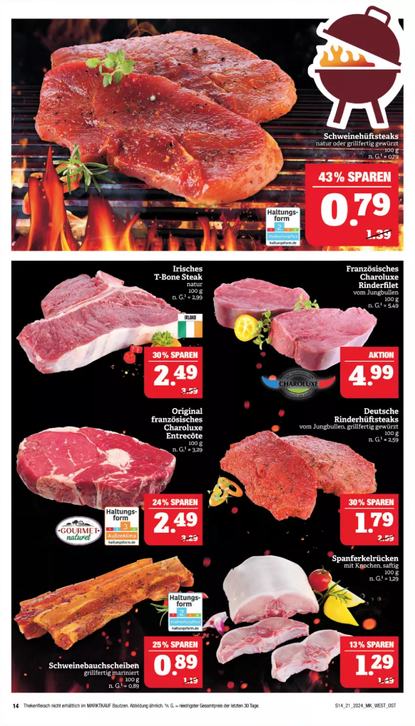 Aktueller Prospekt Marktkauf - Prospekt - von 19.05 bis 25.05.2024 - strona 14 - produkty: Bau, bauchscheiben, ecco, eis, fleisch, gewürz, grill, hüftsteak, hüftsteaks, jungbullen, natur, reis, rel, rind, rinder, saft, schwein, schweine, Schweinebauch, schweinebauchscheiben, steak, steaks, T-Bone Steak, Ti, wein, weine, ZTE