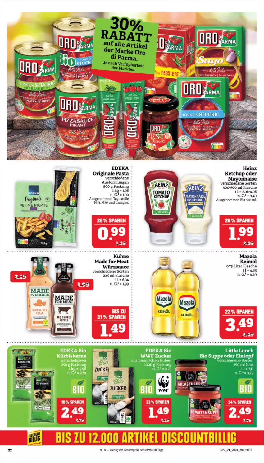 Aktueller Prospekt Marktkauf - Prospekt - von 19.05 bis 25.05.2024 - strona 22 - produkty: bio, deka, eis, elle, flasche, gin, heinz, keimöl, ketchup, Kühne, lasagne, mayonnaise, mazola, pasta, penne, penne rigate, pizza, reis, sauce, tagliatelle, tuc, würzsauce, Yo, ZTE