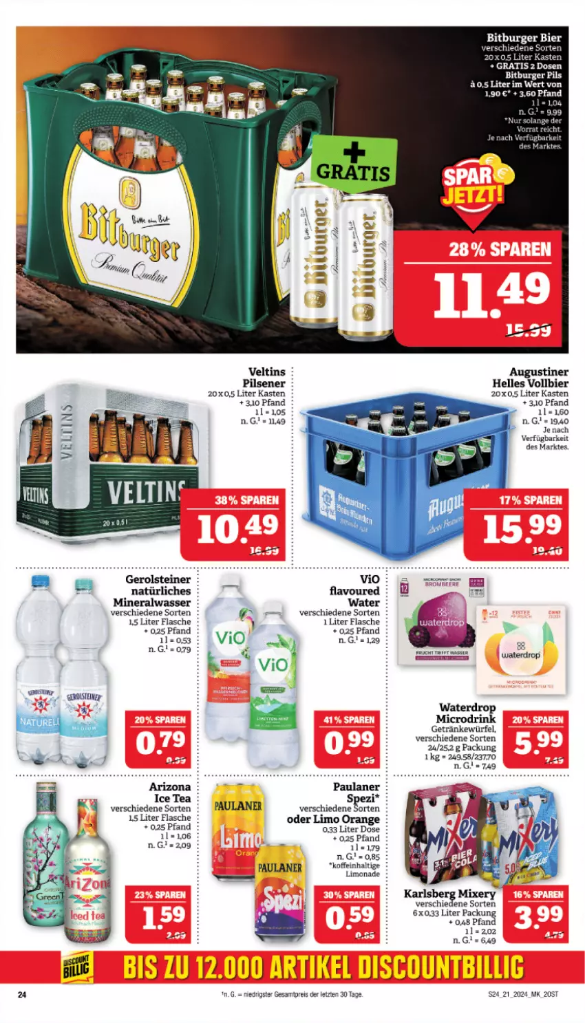 Aktueller Prospekt Marktkauf - Prospekt - von 19.05 bis 25.05.2024 - strona 24 - produkty: Alwa, bier, bitburger, bitburger pils, burger, drink, eis, elle, flasche, frucht, gerolsteine, gerolsteiner, getränk, getränke, ice tea, karlsberg, karlsberg mixery, limo, limonade, mineralwasser, Mixer, mixery, orange, Paula, paulaner, pils, pilsener, reis, Spezi, steiner, tee, Ti, veltins, wasser, würfel, ZTE