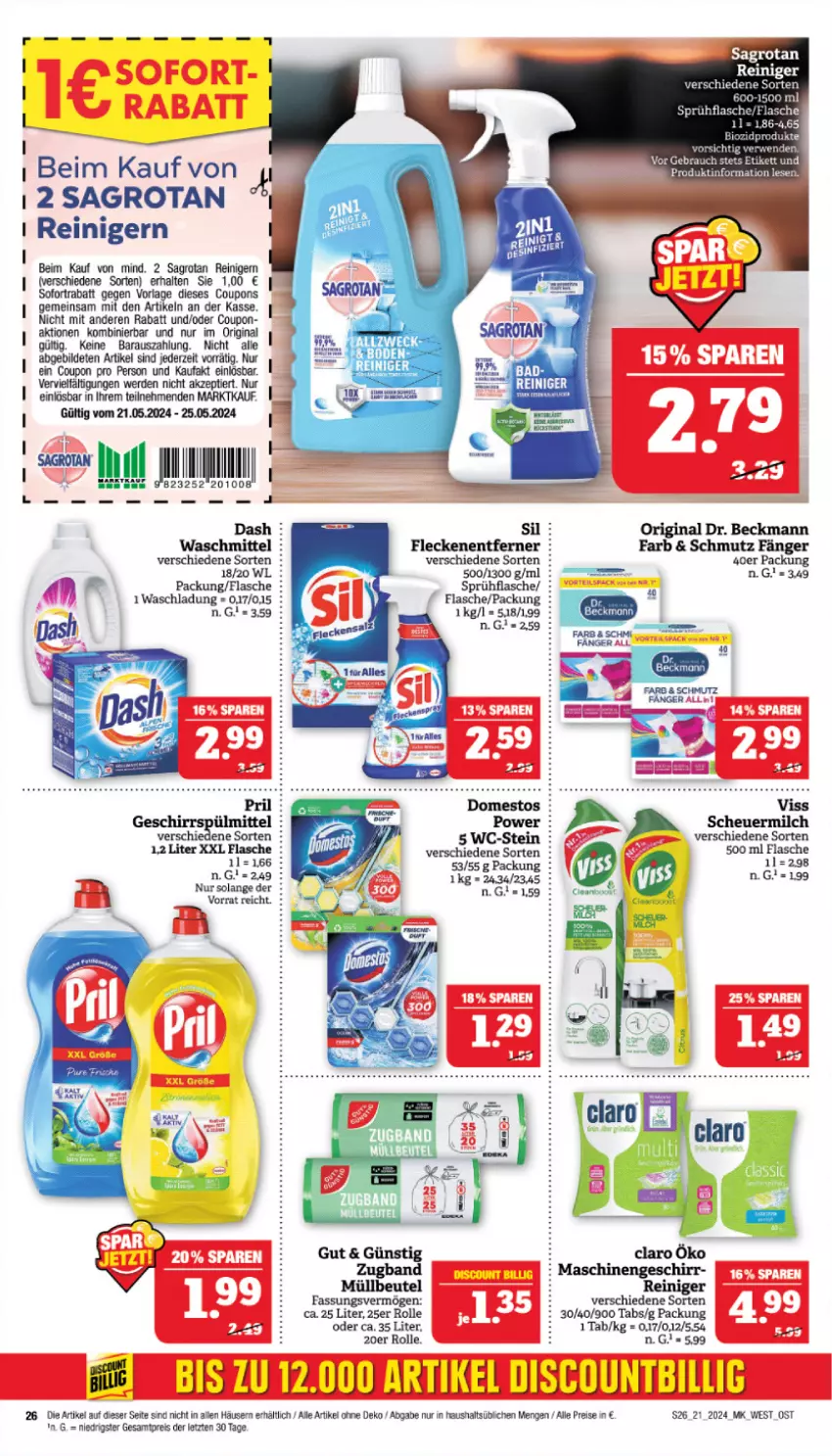 Aktueller Prospekt Marktkauf - Prospekt - von 19.05 bis 25.05.2024 - strona 26 - produkty: beutel, coupon, coupons, domestos, Dr. Beckmann, eier, eis, erde, flasche, Fleckenentferner, geschirr, geschirrspülmittel, gin, Heu, milch, müllbeutel, pril, Rana, reiniger, reis, sagrotan, scheuermilch, sofortrabatt, sprühflasche, spülmittel, Ti, waschmittel, ZTE