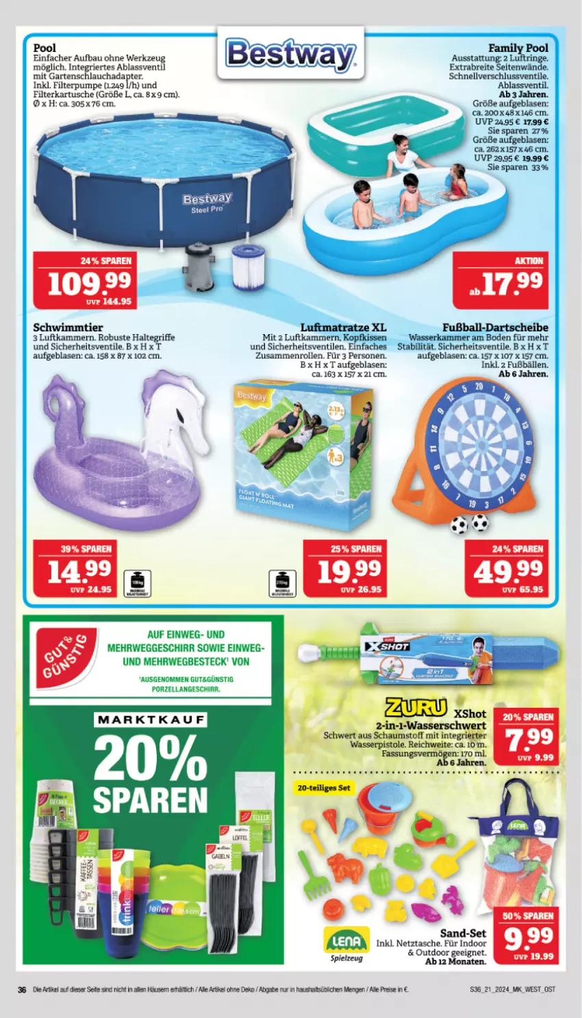 Aktueller Prospekt Marktkauf - Prospekt - von 19.05 bis 25.05.2024 - strona 36 - produkty: adapter, ball, Bau, besteck, bestway, Brei, eis, Fußball, Garten, gartenschlauch, geschirr, pool, porzellangeschirr, reis, ring, rwe, schlauch, spielzeug, Tasche, Ti, wasser, wasserpistole, werkzeug