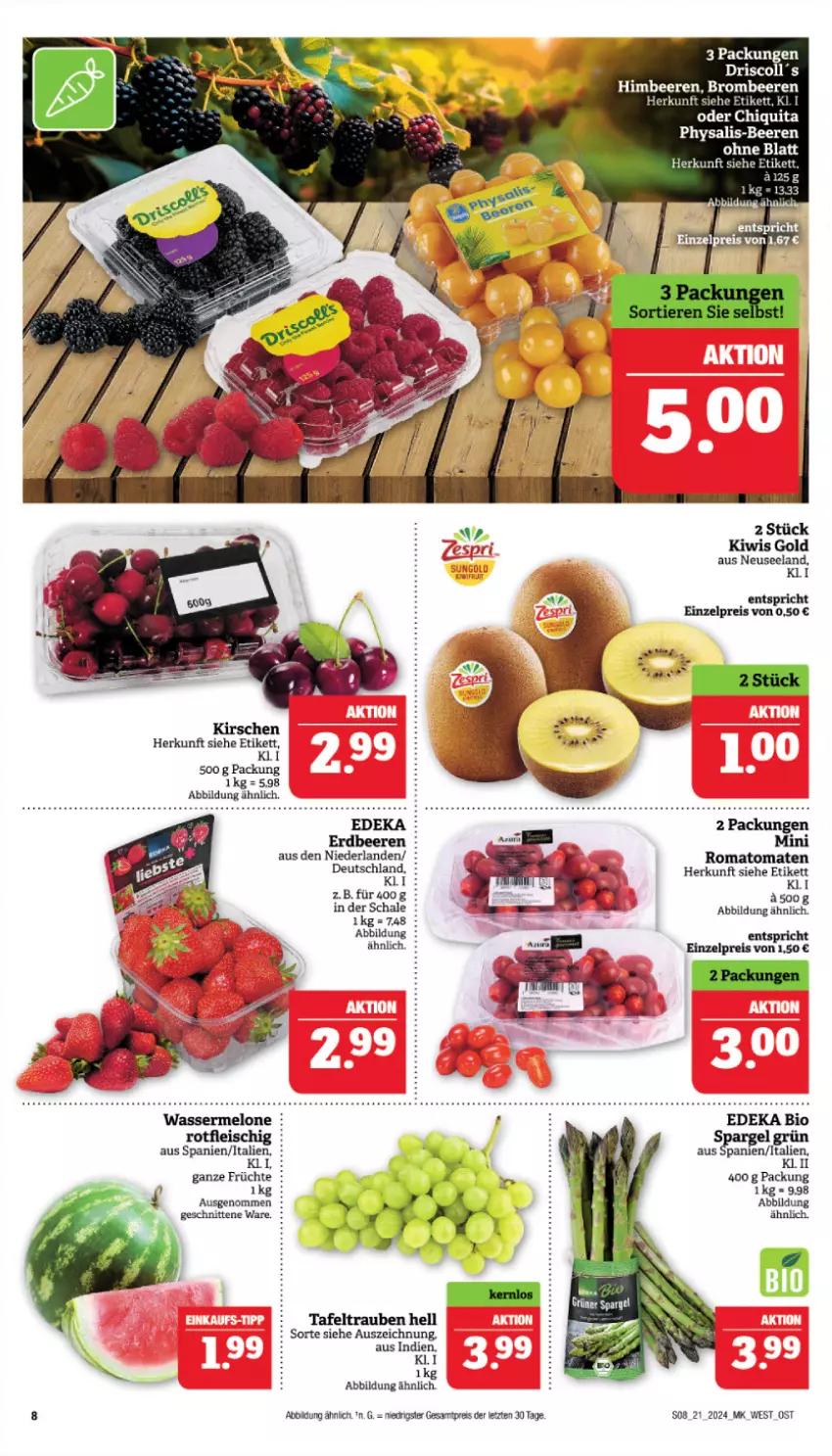 Aktueller Prospekt Marktkauf - Prospekt - von 19.05 bis 25.05.2024 - strona 8 - produkty: beere, beeren, bio, brombeere, brombeeren, chiquita, deka, edeka bio, eis, Elan, fleisch, früchte, himbeer, himbeere, himbeeren, kirsch, kirsche, kirschen, kiwi, melone, Physalis, reis, Romatomaten, Schal, Schale, schnitten, tafeltrauben, Ti, tomate, tomaten, trauben, wasser, wassermelone, ZTE