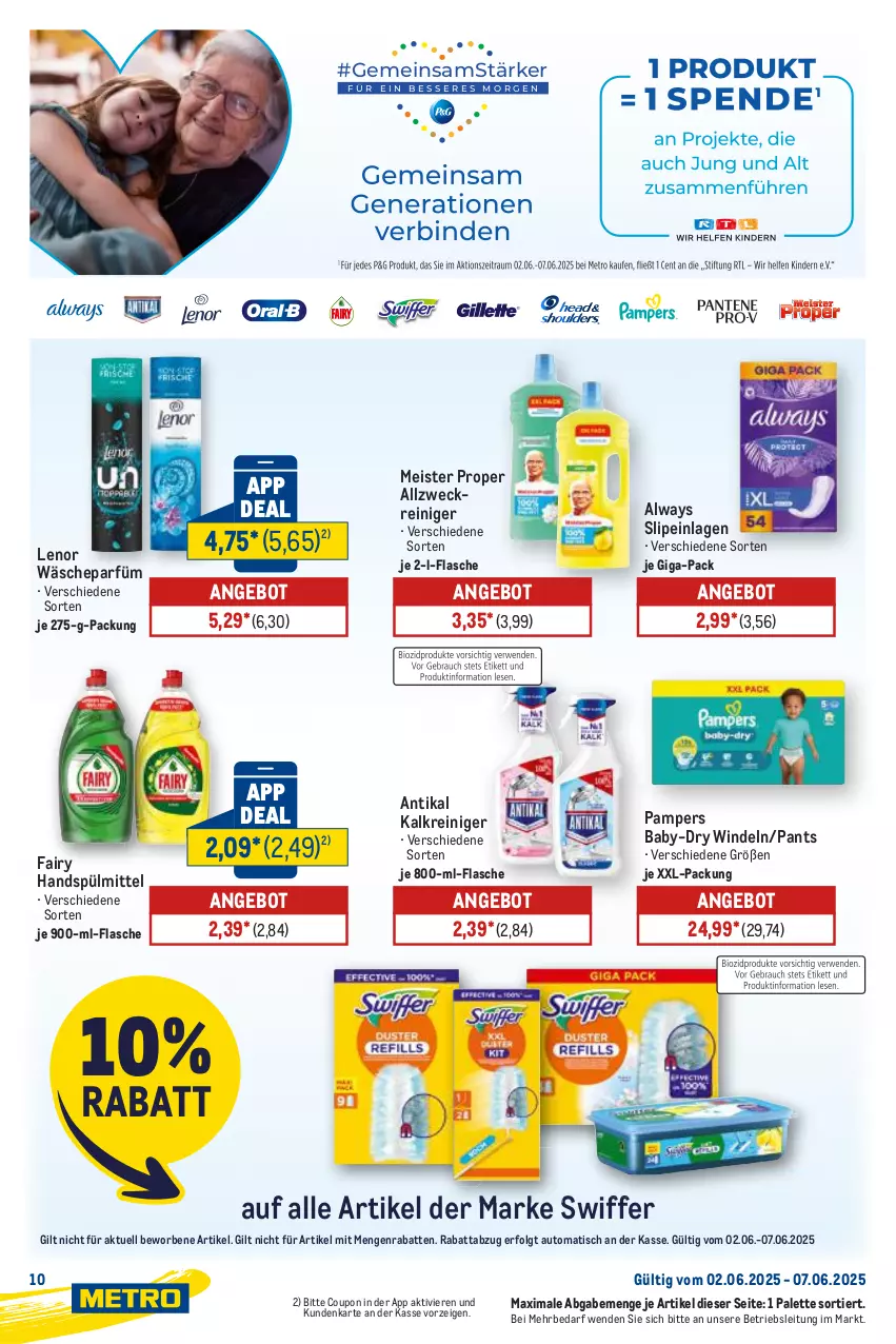 Aktueller Prospekt Metro - Starke Marken - von 02.06 bis 07.06.2025 - strona 10 - produkty: allzweckreiniger, Alwa, Always, angebot, auto, baby-dry, coupon, eis, fairy, flasche, Kalkreiniger, lenor, LG, Meister, meister proper, Palette, pampers, Pants, reiniger, slip, slipeinlagen, spülmittel, swiffer, Ti, tisch, wäscheparfüm, weck, windeln, xxl-packung