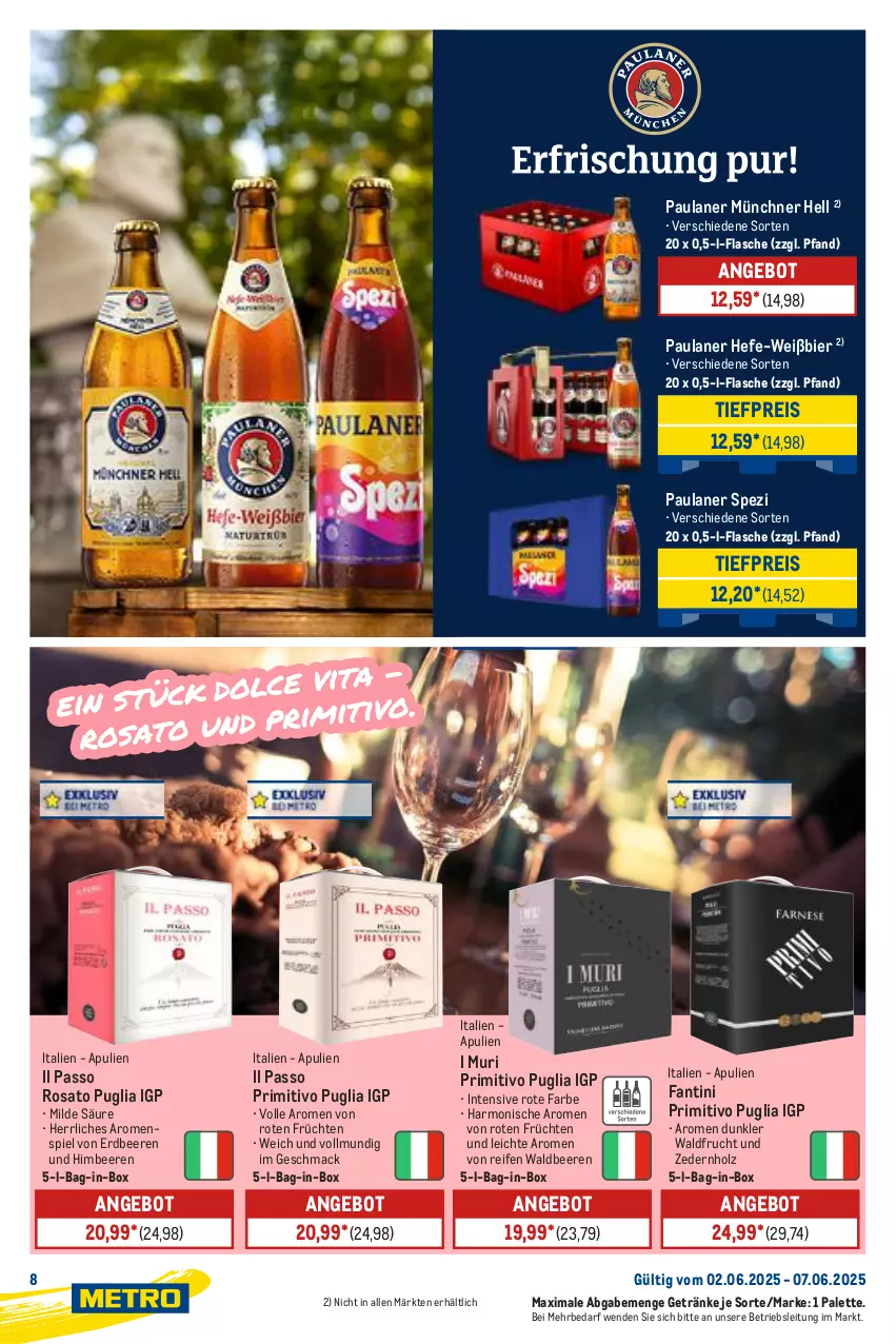 Aktueller Prospekt Metro - Starke Marken - von 02.06 bis 07.06.2025 - strona 8 - produkty: angebot, bag-in-box, beere, beeren, bier, eis, erdbeere, erdbeeren, flasche, frucht, früchte, früchten, getränk, getränke, Hefe, himbeer, himbeere, himbeeren, Holz, mac, Palette, passo, Paula, paulaner, primitivo, reifen, reis, rosato, Spezi, Ti, tiefpreis
