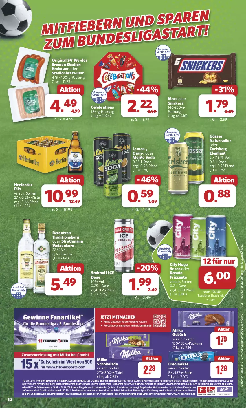 Aktueller Prospekt Combi - Prospekte - von 19.08 bis 24.08.2024 - strona 12 - produkty: auer, berentzen, bratwurst, carlsberg, ecco, eis, erde, flasche, frizzante, gewinnspiel, gin, gösser, hugo, keks, kekse, korn, krakauer, mars, milka, milka schokolade, mojito, mondelez, natur, oreo, pils, radler, reis, rosato, rwe, schoko, schokolade, smirnoff, snickers, Soda, Ti, weizenkorn, wurst, ZTE