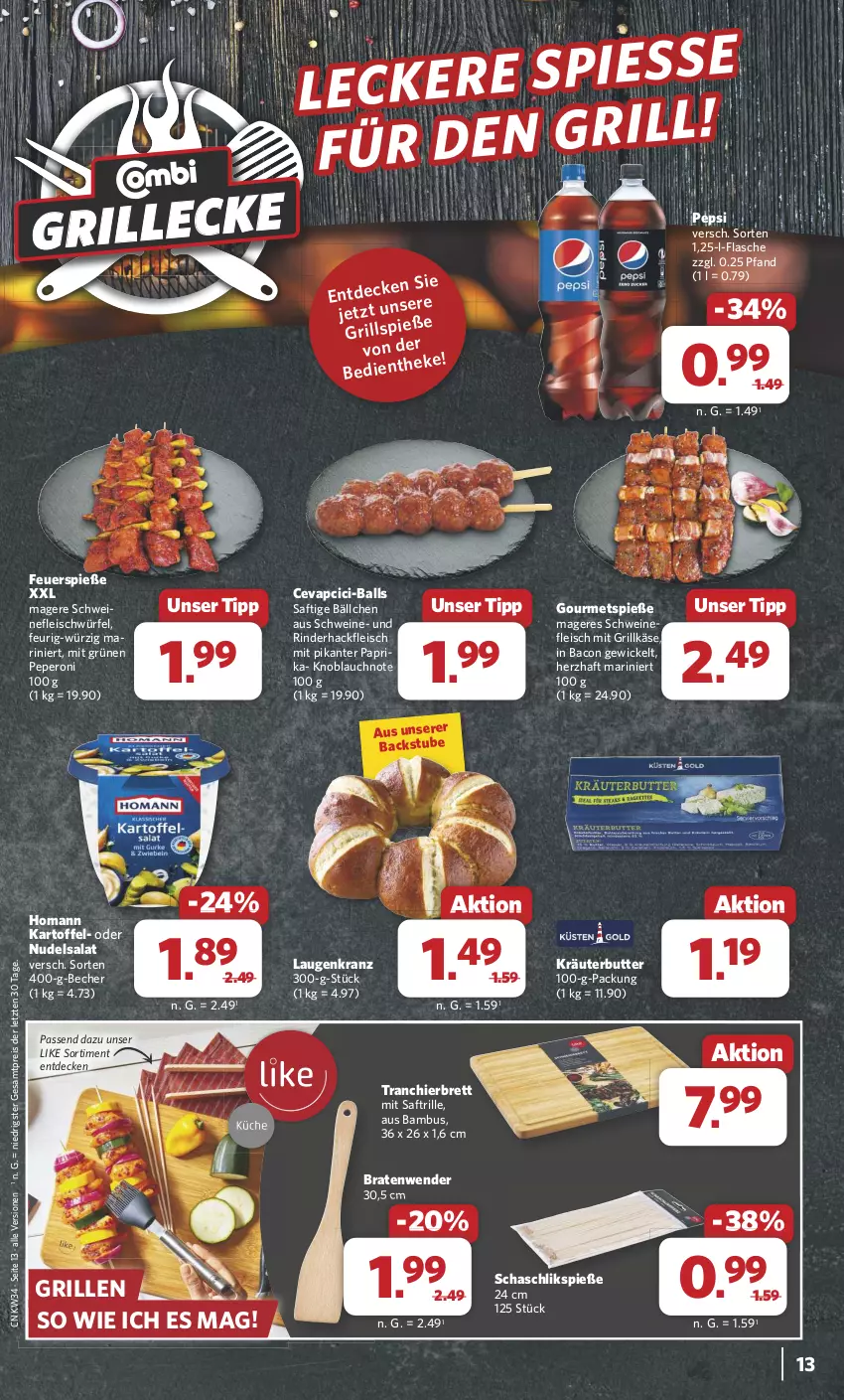 Aktueller Prospekt Combi - Prospekte - von 19.08 bis 24.08.2024 - strona 13 - produkty: bacon, ball, bambus, Becher, braten, butter, cevapcici, decke, eis, flasche, fleisch, grill, Grillkäse, hackfleisch, homann, kartoffel, Käse, knoblauch, Kranz, kräuter, kräuterbutter, nudel, nudelsalat, paprika, peperoni, pepsi, Peroni, reis, rind, rinder, rinderhackfleisch, saft, salat, schwein, schweine, schweinefleisch, stube, Ti, Tranchierbrett, wein, weine, WICK, würfel, ZTE