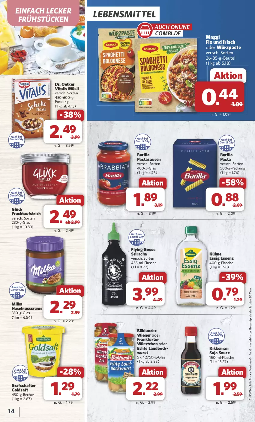 Aktueller Prospekt Combi - Prospekte - von 19.08 bis 24.08.2024 - strona 14 - produkty: aufstrich, barilla, Becher, beutel, bockwurst, böklunder, creme, Dr. Oetker, eis, essig, flasche, frankfurter, frucht, fruchtaufstrich, goldsaft, grafschafter, haselnuss, Haselnusscreme, kikkoman, Kühne, lebensmittel, maggi, maggi fix, milka, müsli, nuss, pasta, reis, saft, sauce, saucen, soja, Sriracha, Ti, vita, vitalis, vitalis müsli, wiener, wurst, würstchen, ZTE