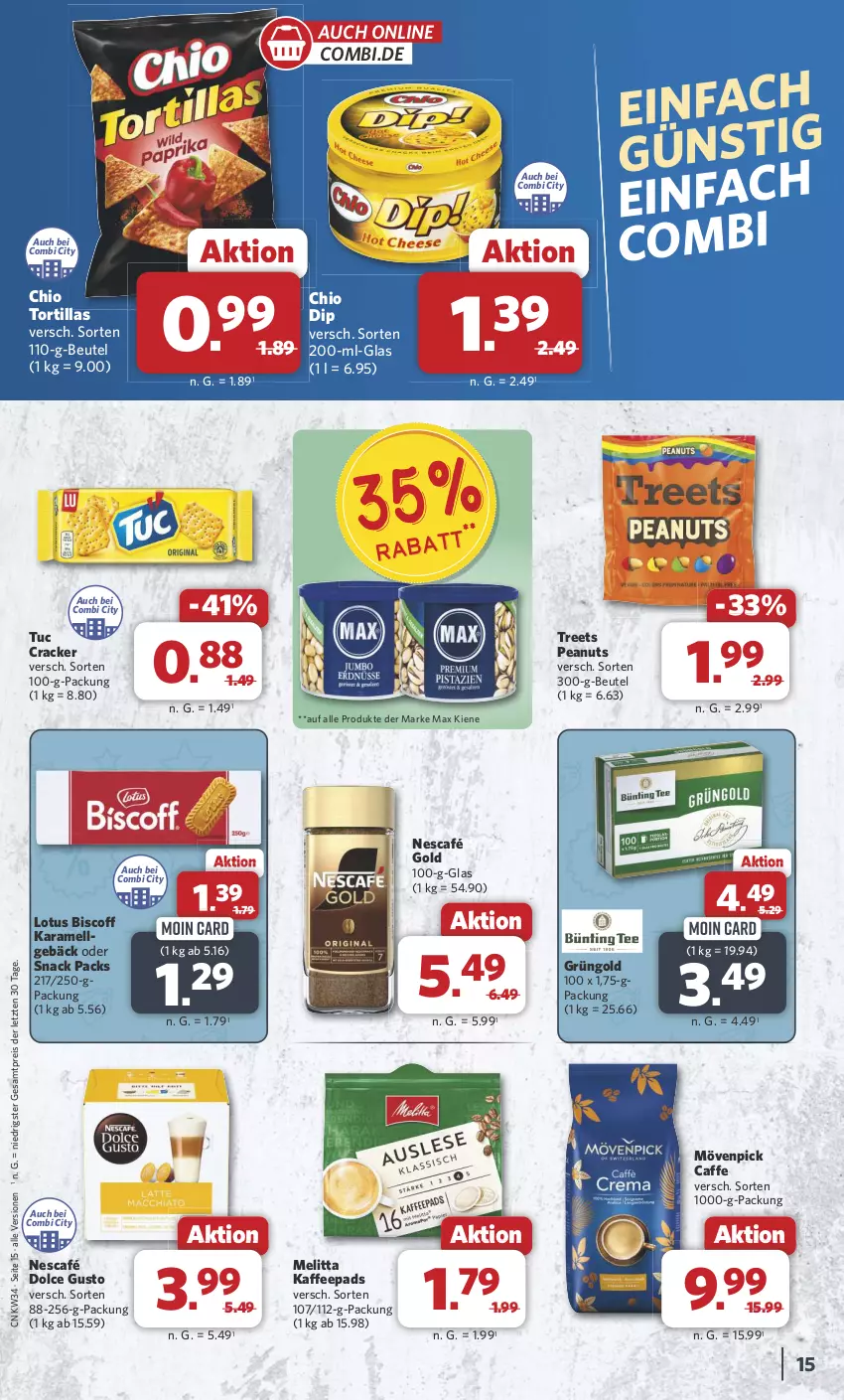 Aktueller Prospekt Combi - Prospekte - von 19.08 bis 24.08.2024 - strona 15 - produkty: beutel, biscoff, caffe, cracker, dip, dolce gusto, eis, kaffee, kaffeepads, karamell, LG, melitta, mövenpick, Nescafé, nescafé gold, reis, snack, Ti, tortilla, tortillas, tuc, ZTE