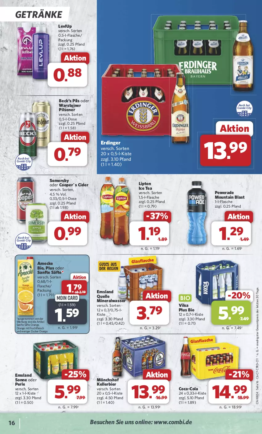 Aktueller Prospekt Combi - Prospekte - von 19.08 bis 24.08.2024 - strona 16 - produkty: Alwa, amecke, bier, bio, cider, coca-cola, cola, eis, elle, erdinger, flasche, fleisch, frucht, fruchtfleisch, getränk, getränke, glasflasche, ice tea, kellerbier, lipton, lipton ice tea, mineralwasser, mit frucht, mönchshof, orange, pils, pilsener, reis, säfte, somersby, steiner, Ti, vilsa, warsteiner, wasser, ZTE, zucker