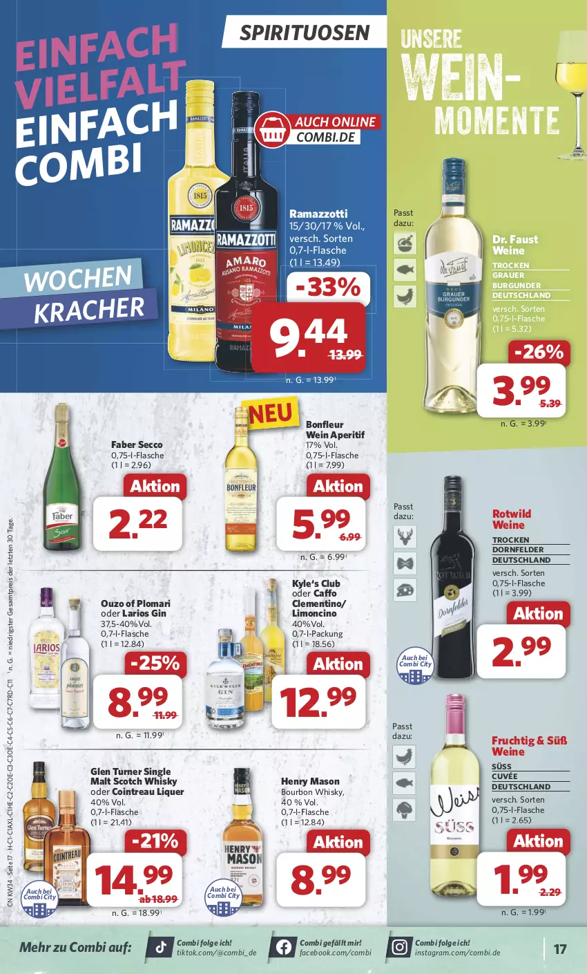 Aktueller Prospekt Combi - Prospekte - von 19.08 bis 24.08.2024 - strona 17 - produkty: aperitif, auer, aust, bourbon, burgunder, cin, cuvée, dornfelder, ecco, eis, ente, flasche, frucht, gin, grauer burgunder, kracher, LG, limo, ouzo, rama, ramazzott, ramazzotti, reis, scotch, scotch whisky, single malt, spirituosen, Ti, wein, weine, whisky, Wild, zott, ZTE