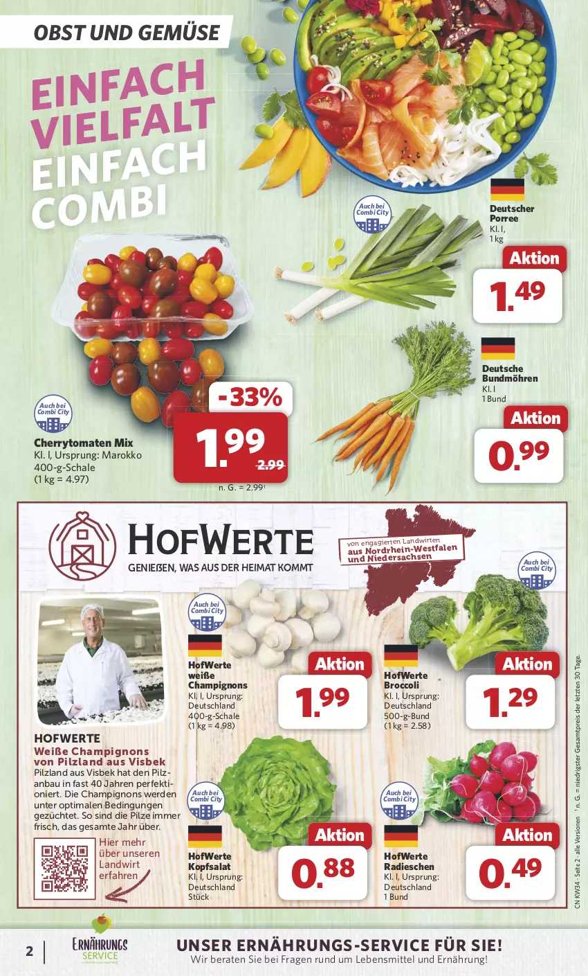 Aktueller Prospekt Combi - Prospekte - von 19.08 bis 24.08.2024 - strona 2 - produkty: Bau, broccoli, Bundmöhren, champignon, champignons, cherrytomaten, eis, erde, kopfsalat, lebensmittel, möhren, obst, Obst und Gemüse, pilze, radieschen, reis, sac, salat, Schal, Schale, Ti, tomate, tomaten, und gemüse, ZTE