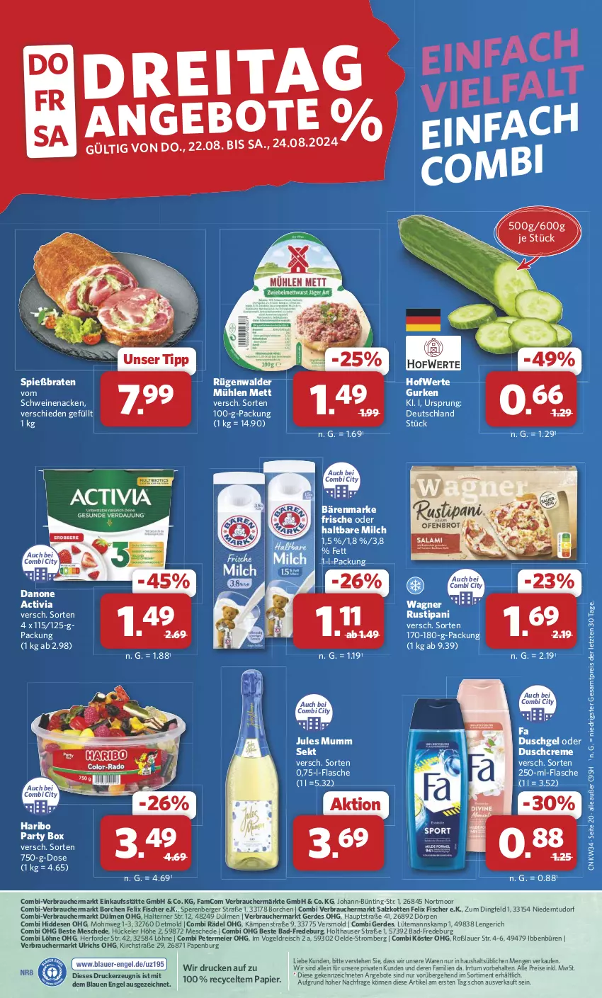 Aktueller Prospekt Combi - Prospekte - von 19.08 bis 24.08.2024 - strona 20 - produkty: activia, aeg, angebot, angebote, auer, Bad, bärenmarke, Berger, braten, creme, danone, danone activia, drucker, duschcreme, duschgel, eier, eis, Engel, erde, fa duschgel, felix, fisch, fische, Fischer, flasche, gurke, gurken, haltbare milch, haribo, jules mumm, kerze, Mett, milch, mumm, papier, Rauch, reis, rügenwalder, rügenwalder mühle, rustipani, salz, schwein, schweine, schweinenacken, sekt, Ti, vom schweinenacken, wagner, wein, weine, ZTE