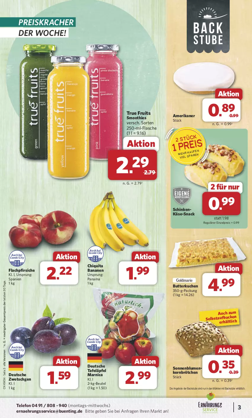 Aktueller Prospekt Combi - Prospekte - von 19.08 bis 24.08.2024 - strona 3 - produkty: angebot, angebote, Arnica, banane, bananen, beutel, blume, blumen, brötchen, butter, chiquita, eis, flasche, HP, Käse, kracher, kuchen, pfirsich, pfirsiche, reis, schinken, smoothie, smoothies, snack, sonnenblume, sonnenblumen, stube, tafeläpfel, telefon, Ti, true fruits, ZTE