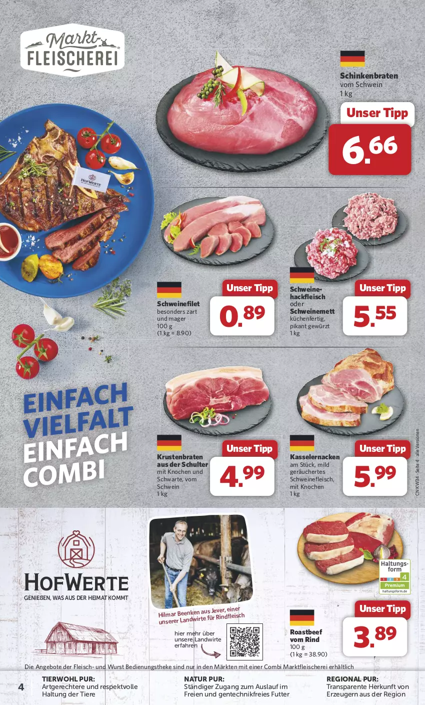 Aktueller Prospekt Combi - Prospekte - von 19.08 bis 24.08.2024 - strona 4 - produkty: angebot, angebote, beef, braten, eis, ente, filet, fleisch, Fleischerei, gewürz, hackfleisch, jever, kasseler, krustenbraten, küche, Küchen, Mett, natur, rind, roastbeef, Schere, schinken, schinkenbraten, schwein, schweine, schweinefilet, schweinefleisch, schweinemett, Ti, Tiere, wein, weine, wurst