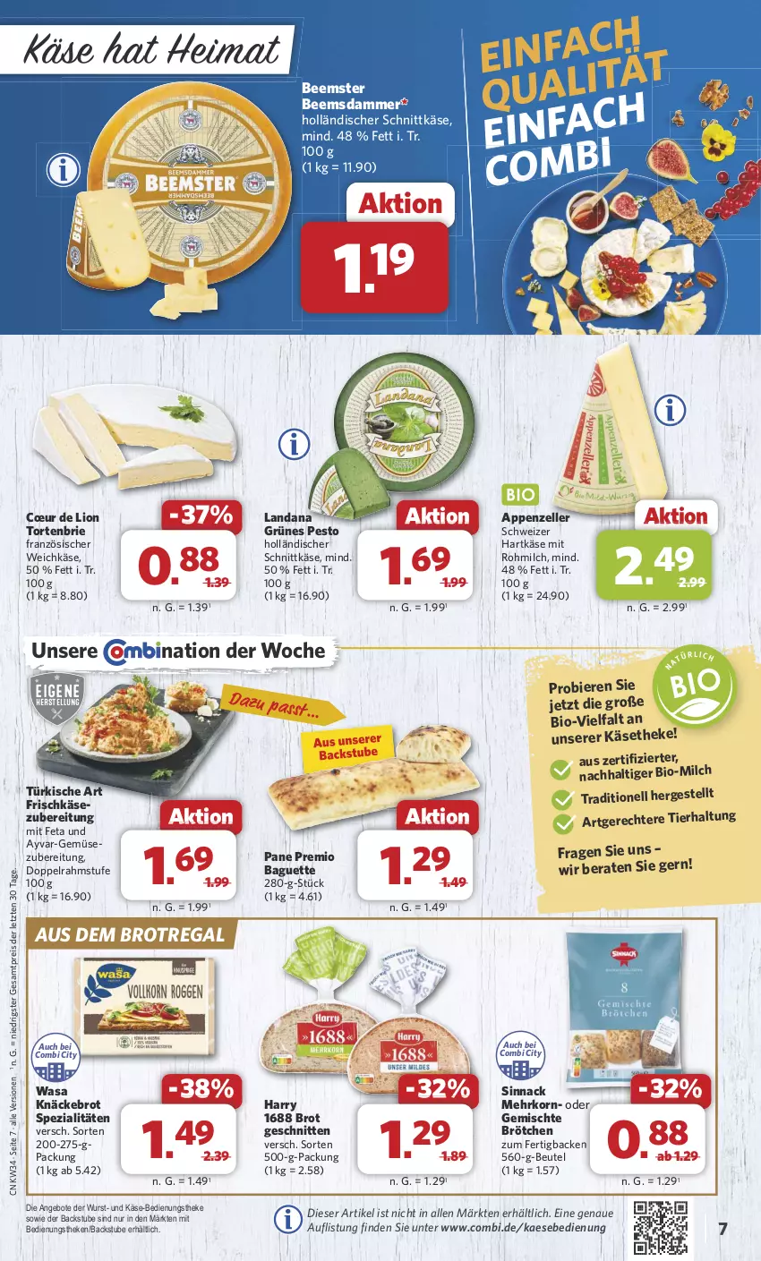 Aktueller Prospekt Combi - Prospekte - von 19.08 bis 24.08.2024 - strona 7 - produkty: angebot, angebote, appenzeller, baguette, Beemster, beutel, bier, Biere, bio, brie, brot, brötchen, doppelrahmstufe, eis, elle, feta, französischer weichkäse, frischkäse, frischkäsezubereitung, hartkäse, holländischer schnittkäse, kaes, Käse, käsetheke, knäckebrot, korn, lion, milch, pesto, regal, reis, schnitten, schnittkäse, schweizer hartkäse, sinnack, Spezi, stube, Ti, torte, wasa, weichkäse, wurst, ZTE