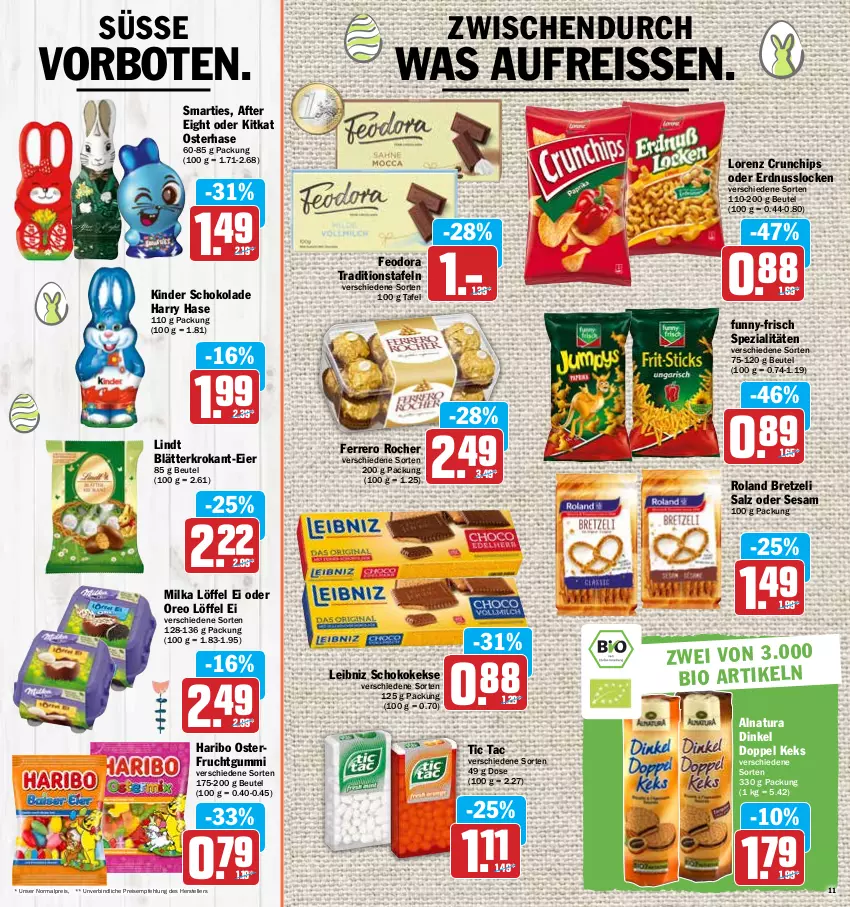 Aktueller Prospekt Hit - Prospekte - von 04.04 bis 09.04.2022 - strona 11 - produkty: after eight, beutel, chips, crunchips, eier, eis, elle, erdnuss, ferrero, Ferrero Rocher, frucht, fruchtgummi, funny-frisch, haribo, keks, kekse, Kinder, kinder schokolade, kitkat, leibniz, lindt, Löffel, lorenz, lorenz crunchips, milka, natur, natura, nuss, oreo, reis, reiss, salz, schoko, schokolade, sesam, smarties, Spezi, teller, Ti