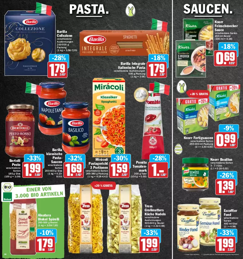 Aktueller Prospekt Hit - Prospekte - von 04.04 bis 09.04.2022 - strona 14 - produkty: barilla, bertolli, beutel, eis, elle, feinschmecker, italienische pasta, knorr, küche, Mirácoli, natur, natura, nudel, nudeln, pasta, Pastagericht, pesto, pomito, reis, rel, sauce, saucen, teller, Ti, tomate, tomaten, tomatenmark