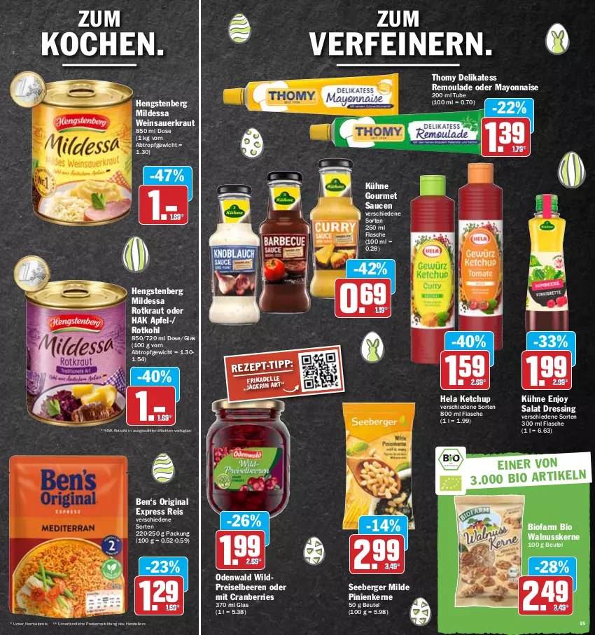 Aktueller Prospekt Hit - Prospekte - von 04.04 bis 09.04.2022 - strona 15 - produkty: apfel, auer, beere, beeren, Berger, beutel, bio, cranberries, dell, dressing, eis, elle, flasche, gin, Hela, hengstenberg, ketchup, Kraut, Kühne, mayonnaise, nuss, odenwald, pinienkerne, reis, remoulade, rotkohl, salat, sauce, saucen, Sauerkraut, seeberger, teller, thomy, Ti, walnuss, walnusskerne, wein, Weinsauerkraut, Wild, Yo