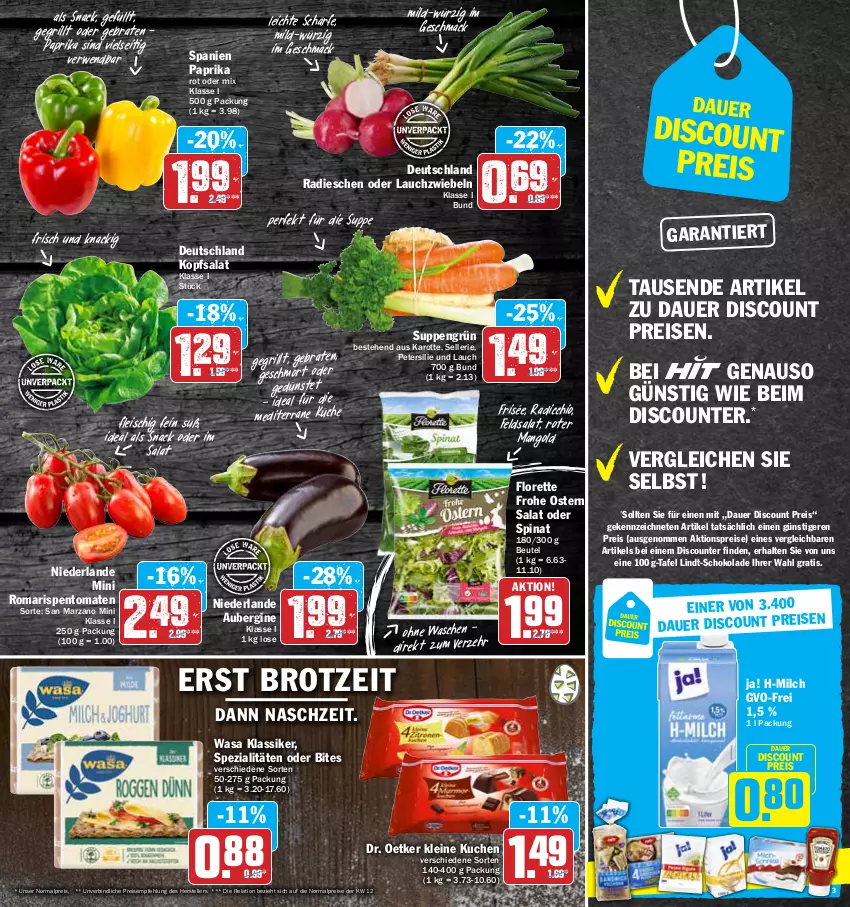 Aktueller Prospekt Hit - Prospekte - von 04.04 bis 09.04.2022 - strona 3 - produkty: aktionspreis, aubergine, auer, beutel, bites, braten, brot, discount, Dr. Oetker, eis, elle, feldsalat, fleisch, florette, gin, grill, kopfsalat, küche, kuchen, Lauchzwiebel, lauchzwiebeln, leine, lindt, mac, mango, milch, paprika, paprika rot, petersilie, Radicchio, radieschen, reis, rel, rispentomaten, rwe, salat, schoko, schokolade, snack, Spezi, spinat, suppe, suppen, teller, Ti, tomate, tomaten, wasa, zwiebel, zwiebeln