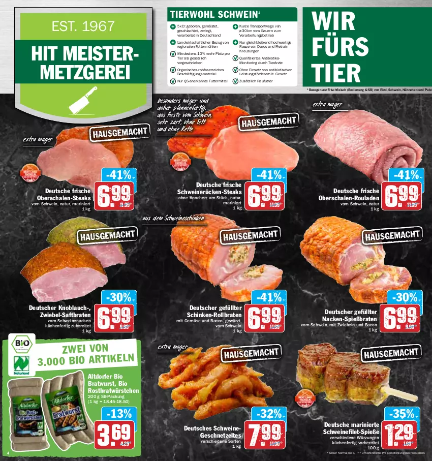 Aktueller Prospekt Hit - Prospekte - von 04.04 bis 09.04.2022 - strona 4 - produkty: auer, bacon, bio, braten, bratwurst, eis, elle, filet, fleisch, geschnetzeltes, gewürz, Kette, knoblauch, küche, Küchen, Meister, mit gemüse, mit zwiebeln, monitor, natur, pfanne, pfannen, pute, reis, Ria, rind, ring, rollbraten, rouladen, saft, Schal, Schale, schinken, schwein, schweine, schweinefilet, schweinenacken, schweinerücken, Sport, steak, steaks, teller, Ti, tisch, vom schweinenacken, wein, weine, wurst, würstchen, Zelt, ZTE, zwiebel, zwiebeln