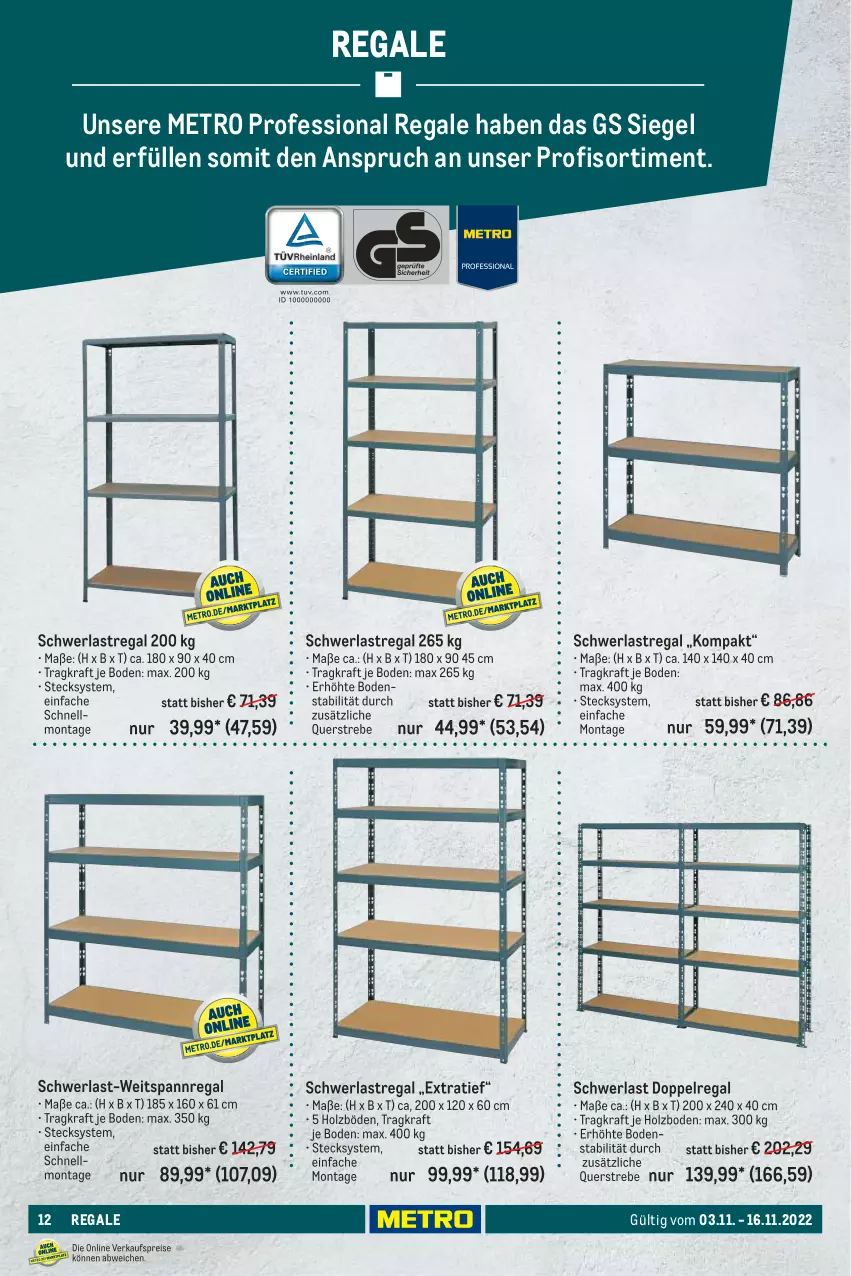 Aktueller Prospekt Metro - Transport & Lagern Spezial - von 03.11 bis 16.11.2022 - strona 12 - produkty: eis, Holz, kraft, Metro, regal, reis, schwerlastregal, Ti
