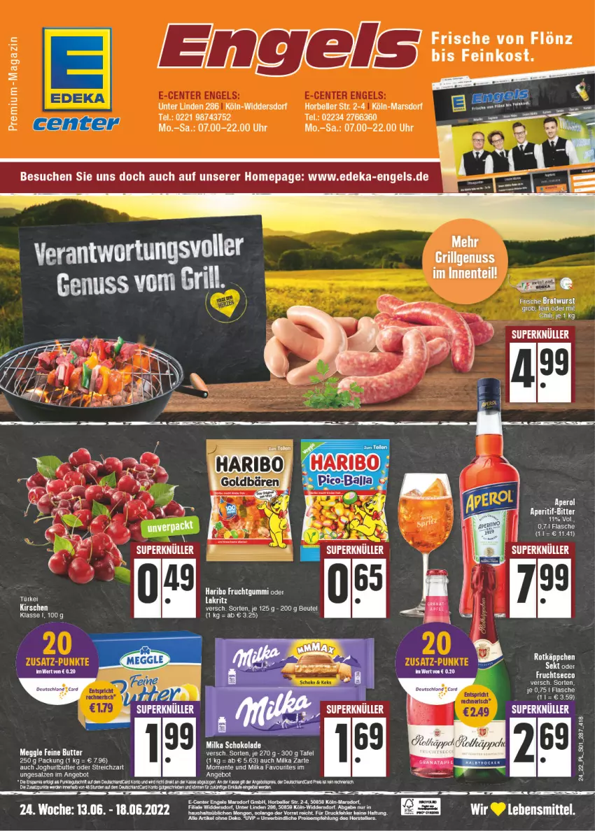 Aktueller Prospekt E Center - Angebote der Woche - von 13.06 bis 18.06.2022 - strona 1 - produkty: angebot, angebotspreis, aperitif, aperol, ball, beutel, butter, chili, deka, ecco, eis, elle, Engel, ente, flasche, frucht, fruchtgummi, fruchtsecco, grill, haribo, joghur, joghurt, kirsch, kirsche, kirschen, lebensmittel, LG, magazin, mars, meggle, milka, milka schokolade, nuss, reis, reiss, salz, schoko, schokolade, Streichzart, tee, teller, Ti