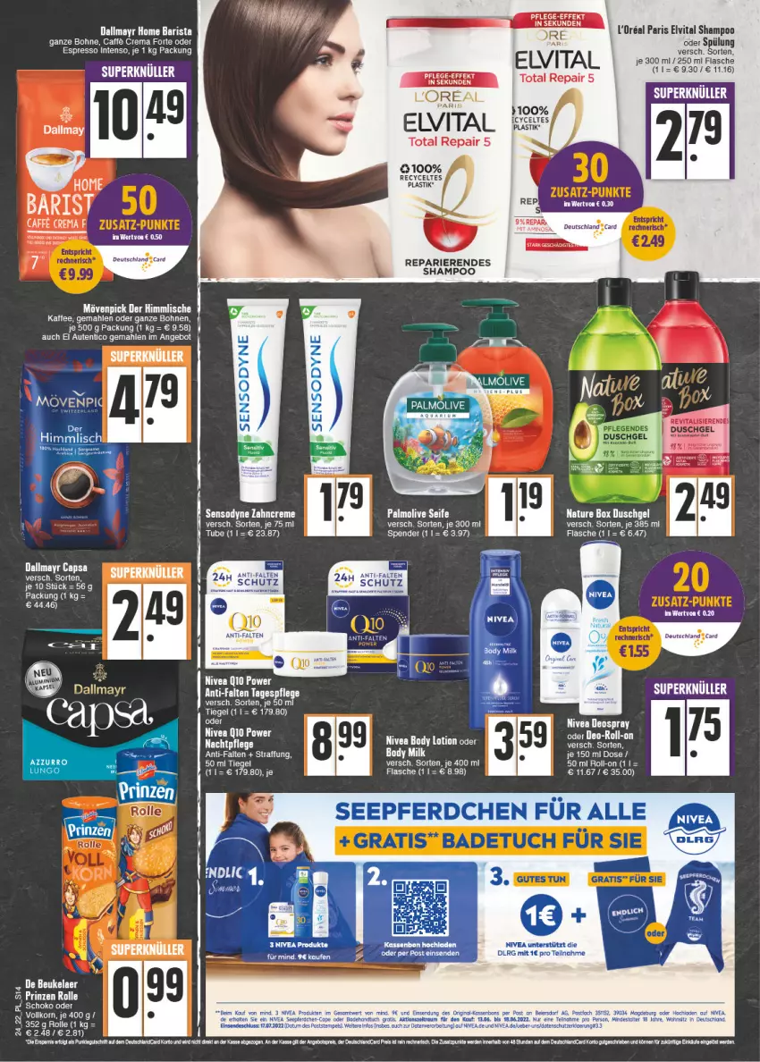 Aktueller Prospekt E Center - Angebote der Woche - von 13.06 bis 18.06.2022 - strona 14 - produkty: angebot, asti, bohne, bohnen, creme, dallmayr, duschgel, elvital, espresso, flasche, Heu, intenso, kaffee, l'oreal, loreal, mövenpick, nachtpflege, natur, nature box, olive, palmolive, prinzen rolle, schoko, Seife, sensodyne, shampoo, spülung, Tagespflege, tee, Ti, vita, zahncreme