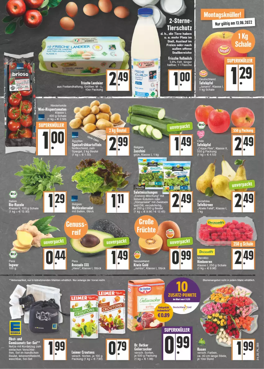 Aktueller Prospekt E Center - Angebote der Woche - von 13.06 bis 18.06.2022 - strona 3 - produkty: angebot, beere, beeren, beutel, bio, blume, blumen, cola, croutons, eier, eimer, eis, Elan, ente, flasche, Frühkartoffeln, gelierzucker, himbeer, himbeere, himbeeren, jumbo, kartoffel, kartoffeln, kiwi, kräuter, kräutern, lebensmittel, leimer, mit zwiebeln, rosen, rucola, salat, Schal, Schale, spargel, speisefrühkartoffeln, tafeläpfel, tee, Ti, Tiere, Weste, zucker, zwiebel, zwiebeln