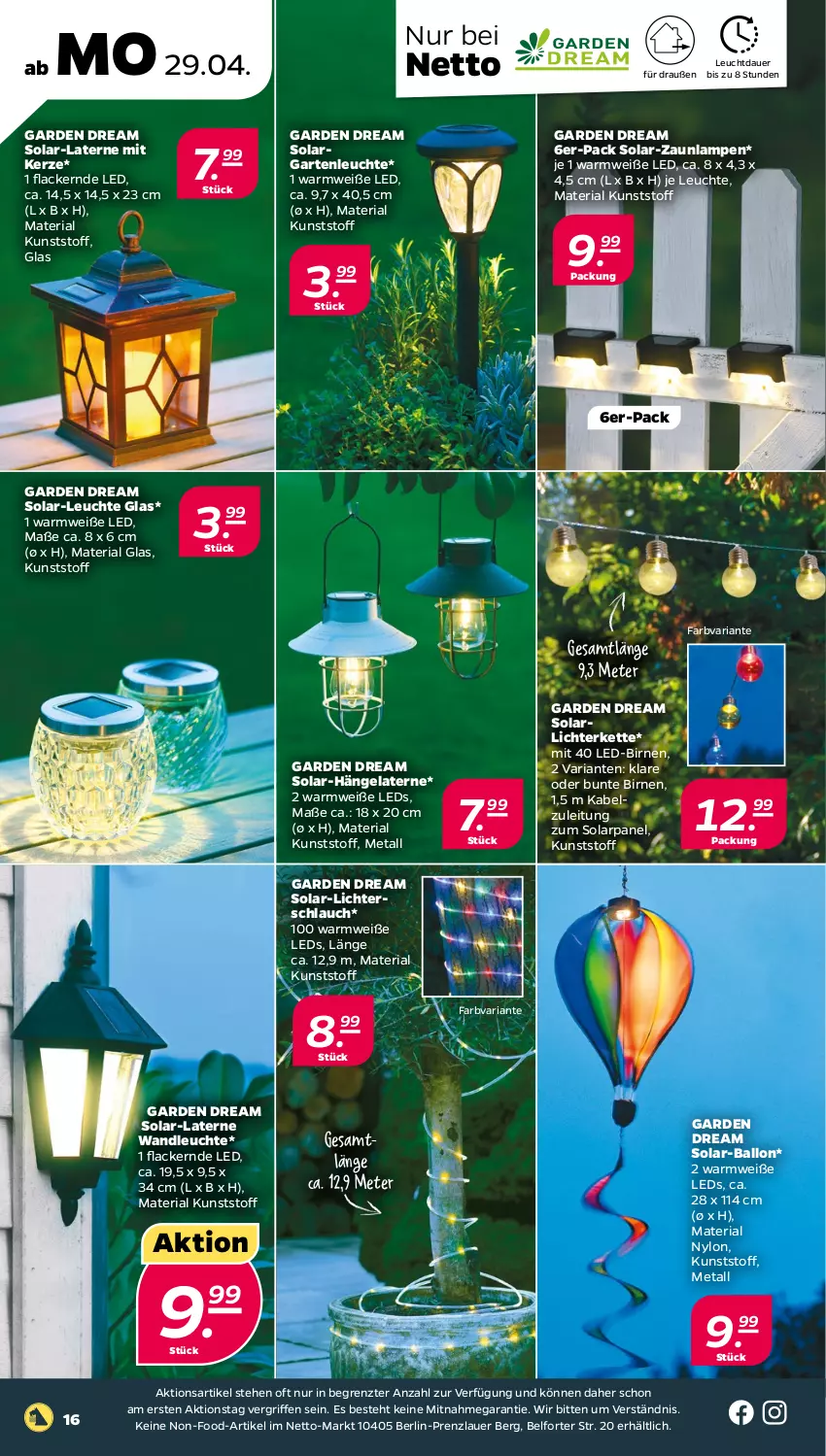 Aktueller Prospekt Netto - Woche 18 - von 29.04 bis 04.05.2024 - strona 16 - produkty: auer, ball, Birnen, Garten, kerze, Kette, lack, Lacke, Lampe, laterne, leds, Leuchte, lichterkette, Ria, schlauch, Ti, ZTE