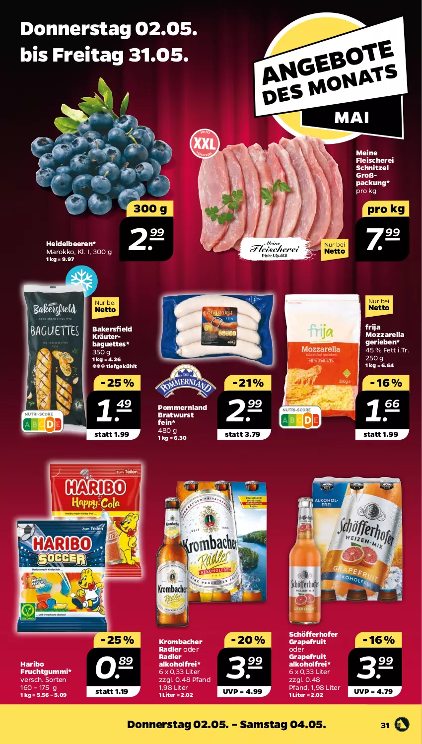 Aktueller Prospekt Netto - Woche 18 - von 29.04 bis 04.05.2024 - strona 31 - produkty: alkohol, baguette, baguettes, beere, beeren, bratwurst, eis, fleisch, Fleischerei, frucht, fruchtgummi, grapefruit, haribo, heidelbeere, heidelbeeren, kräuter, krombache, krombacher, mozzarella, oder radler, radler, rel, Schere, schnitzel, schöfferhofer, Ti, wurst