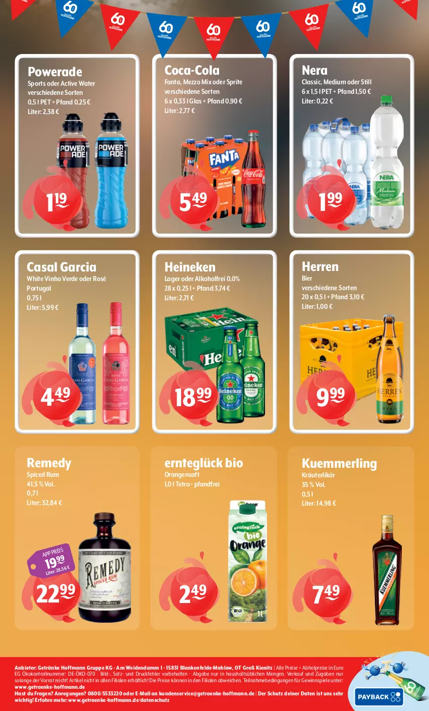 Aktueller Prospekt Getraenke Hoffmann - Prospekte - von 26.10 bis 31.10.2026 - strona 8 - produkty: abholpreise, alkohol, bier, bio, casal garcia, coca-cola, cola, eis, erde, fanta, getränk, getränke, gewinnspiel, heineken, kräuter, kräuterlikör, kuemmerling, likör, merl, Mezzo Mix, oder sprite, orange, orangen, orangensaft, reis, rum, saft, Spiele, Sport, sprite, Ti, vinho verde