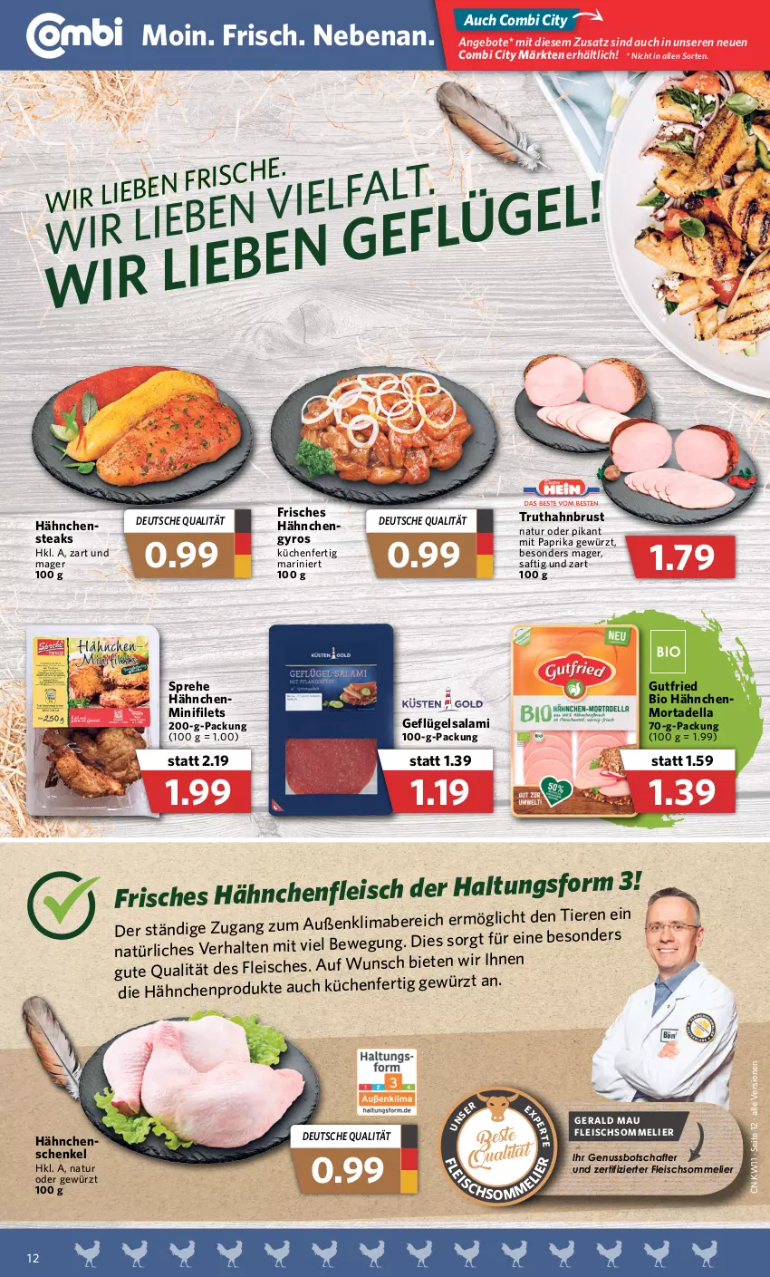 Aktueller Prospekt Combi - Prospekte - von 14.03 bis 19.03.2022 - strona 12 - produkty: angebot, angebote, bio, dell, eis, filet, filets, fleisch, fleischsommelier, Geflügel, gewürz, gutfried, gyros, Hähnchenfleisch, hähnchenschenkel, Hähnchensteak, hähnchensteaks, henkel, küche, Küchen, mit paprika, mortadella, natur, nuss, paprika, saft, salami, schenkel, steak, steaks, Ti, Tiere, truthahn