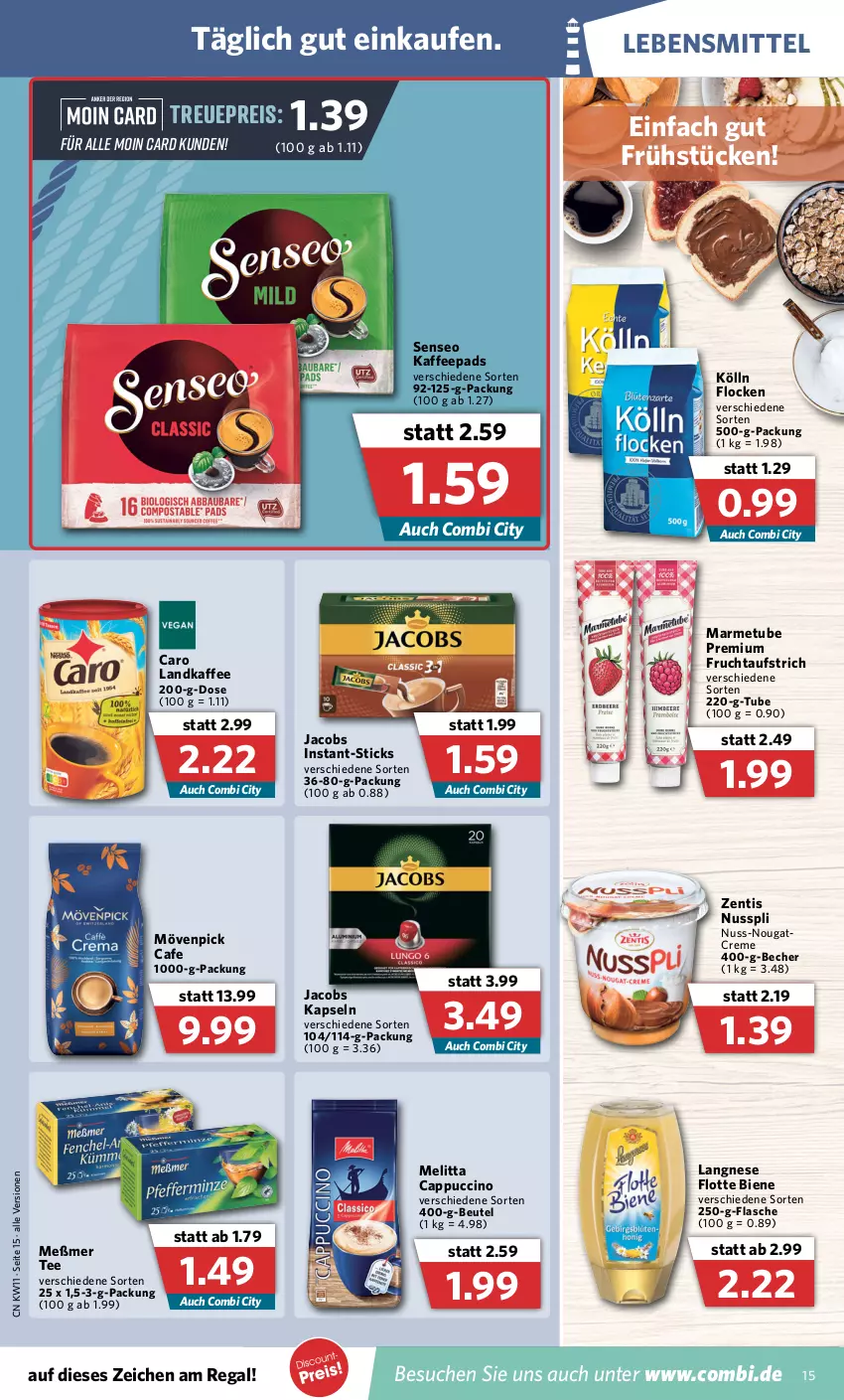 Aktueller Prospekt Combi - Prospekte - von 14.03 bis 19.03.2022 - strona 15 - produkty: aufstrich, Becher, beutel, Cap, cappuccino, cin, creme, eis, flasche, frucht, fruchtaufstrich, jacobs, kaffee, kaffeepads, kölln, langnese, lebensmittel, melitta, Meßmer, mövenpick, ndk, Nougatcreme, nuss, nusspli, regal, reis, senseo, tee, Ti, zentis