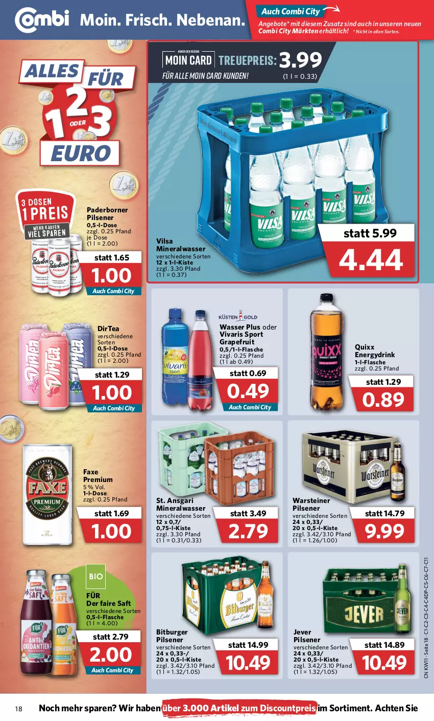 Aktueller Prospekt Combi - Prospekte - von 14.03 bis 19.03.2022 - strona 18 - produkty: Alwa, angebot, angebote, axe, bitburger, bitburger pils, burger, discount, drink, eis, flasche, grapefruit, jever, jever pilsener, mineralwasser, pils, pilsener, Quixx, reis, saft, Sport, steiner, Ti, vilsa, Vivaris, warsteiner, wasser