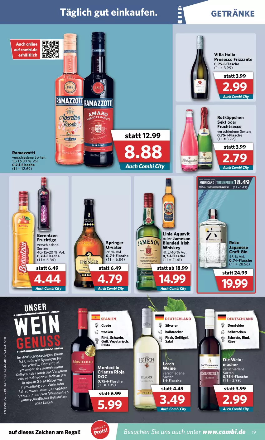 Aktueller Prospekt Combi - Prospekte - von 14.03 bis 19.03.2022 - strona 19 - produkty: aqua, aquavit, berentzen, cuvée, dornfelder, ecco, eis, fisch, flasche, frizzante, frucht, fruchtsecco, Geflügel, getränk, getränke, gin, grill, irish whiskey, jameson, Käse, mac, monte, pasta, prosecco, rama, ramazzott, ramazzotti, regal, reis, Ria, rind, ring, rioja, rotkäppchen, salat, schwein, sekt, silvaner, Ti, urvater, Vegeta, wein, weine, whiskey, zott