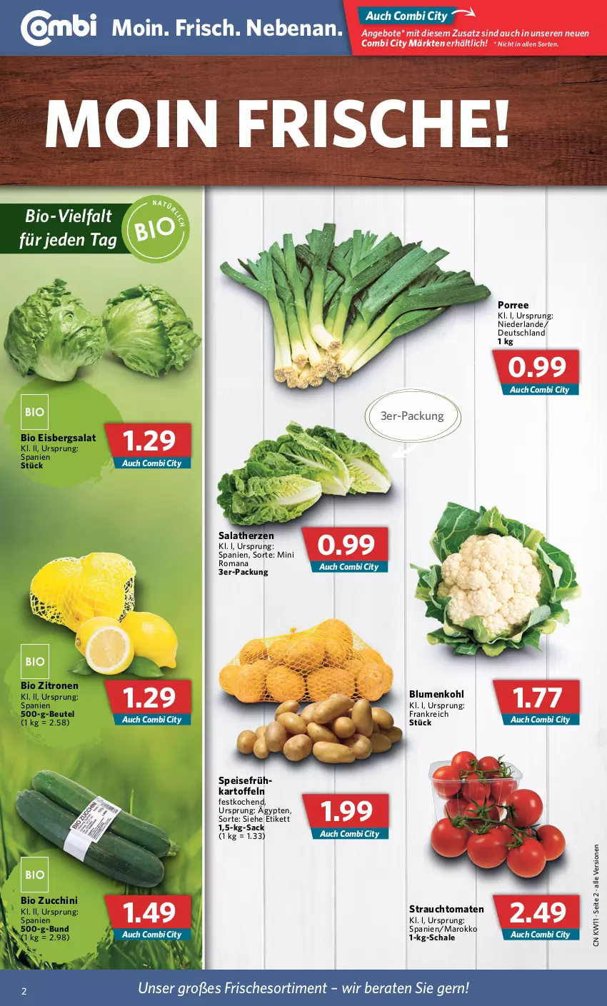 Aktueller Prospekt Combi - Prospekte - von 14.03 bis 19.03.2022 - strona 2 - produkty: angebot, angebote, beutel, bio, blume, blumen, blumenkohl, eis, eisbergsalat, kartoffel, kartoffeln, Rauch, sac, salat, salatherzen, Schal, Schale, strauchtomaten, Ti, tomate, tomaten, zitrone, zitronen, zucchini