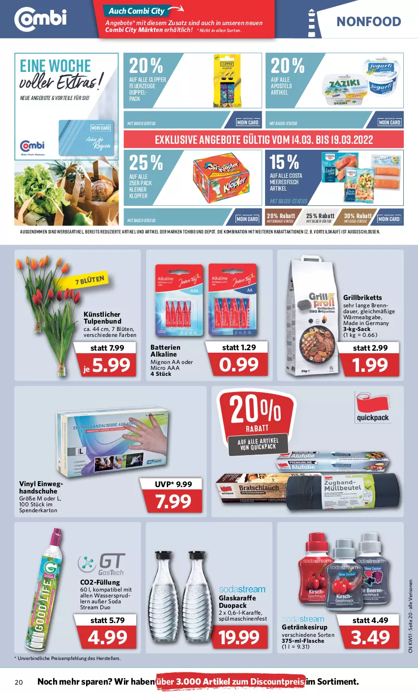 Aktueller Prospekt Combi - Prospekte - von 14.03 bis 19.03.2022 - strona 20 - produkty: angebot, angebote, apostels, auer, batterie, batterien, Blüte, briketts, discount, Einweghandschuhe, eis, elle, Feuerzeug, fisch, flasche, Germ, getränk, getränke, getränkesirup, glaskaraffe, grill, grillbriketts, handschuhe, Karaffe, kleiner klopfer, leine, reis, sac, schuhe, sirup, Soda, spülmaschinen, Tchibo, teller, Ti, wasser, wassersprudler