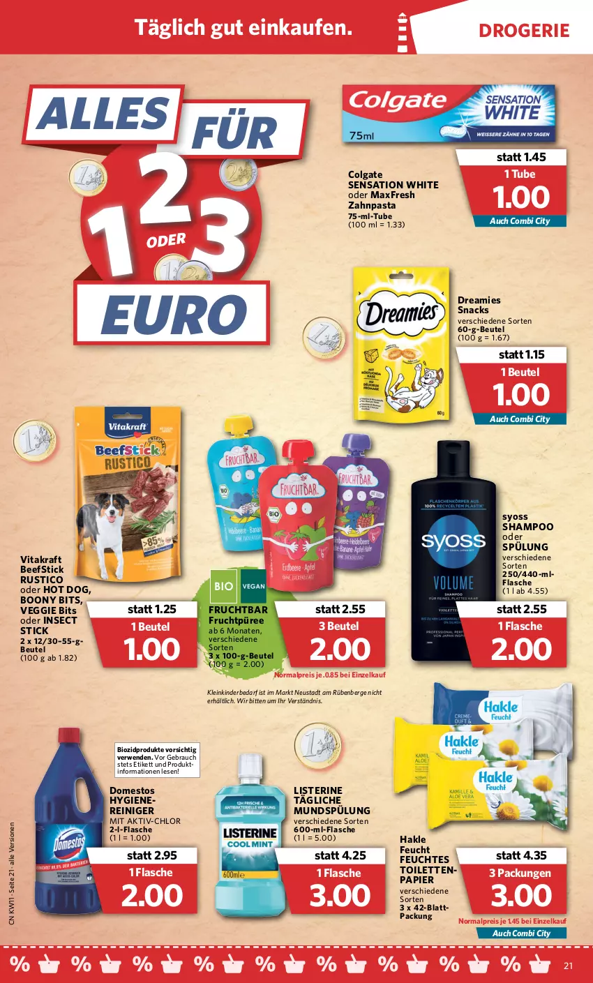 Aktueller Prospekt Combi - Prospekte - von 14.03 bis 19.03.2022 - strona 21 - produkty: beef, beutel, bio, biozidprodukte, colgate, domestos, dreamies, eis, feuchtes toilettenpapier, flasche, frucht, hakle, hot dog, Kinder, kraft, LG, listerine, mundspülung, papier, pasta, püree, Rauch, reiniger, reis, rwe, shampoo, shampoo oder spülung, snack, snacks, spülung, syoss, Ti, toilettenpapier, veggie, vita, vitakraft, Yo, zahnpasta