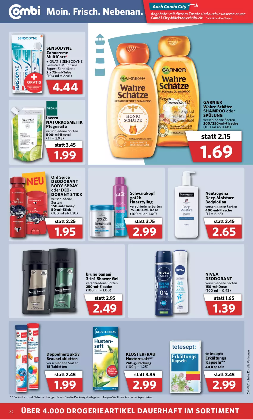 Aktueller Prospekt Combi - Prospekte - von 14.03 bis 19.03.2022 - strona 22 - produkty: angebot, angebote, Apotheke, auer, beutel, body, bodylotion, brause, Brausetabletten, bruno banani, bürste, creme, deo, deodorant, discount, doppelherz, eis, Erkältungs, flasche, garnier, got2b, ilag, kosmetik, lavera, Lotion, natur, naturkosmetik, neutrogena, nivea, Old Spice, reis, saft, schwarzkop, schwarzkopf, Seife, sensodyne, shampoo, shampoo oder spülung, spülung, tablet, tablett, Tablette, Ti, Wahre Schätze, zahnbürste, zahncreme