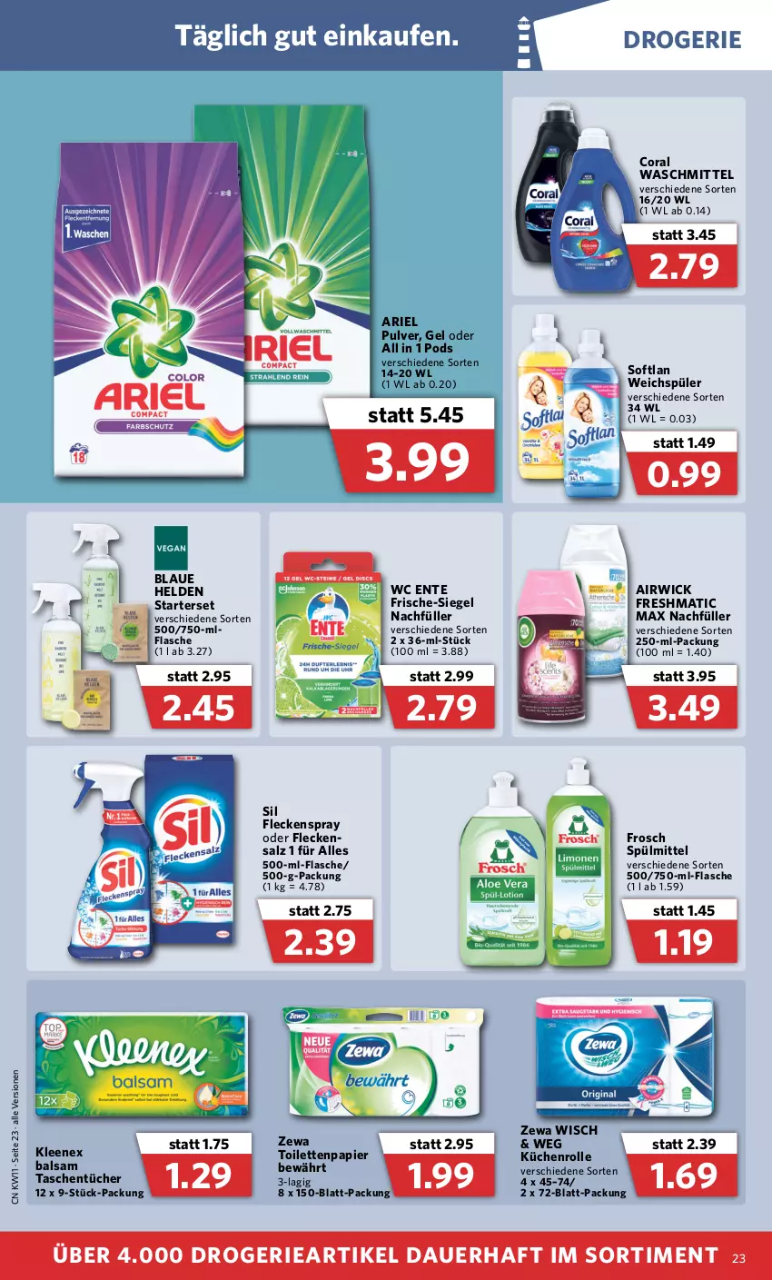 Aktueller Prospekt Combi - Prospekte - von 14.03 bis 19.03.2022 - strona 23 - produkty: airwick, ariel, auer, balsam, Coral, ente, flasche, Frosch, küche, Küchen, küchenrolle, papier, Pods, salz, Softlan, spülmittel, Tasche, taschen, taschentücher, Ti, toilettenpapier, tücher, waschmittel, wc ente, weichspüler, WICK, zewa